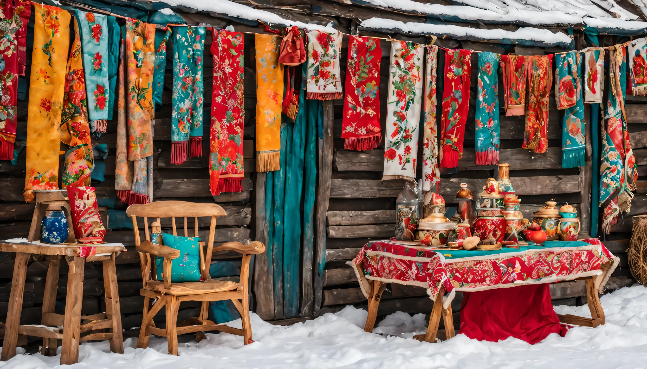 PHOTOGRAPHY from afar, winter street fair in Russian folk traditions, bright colors, textile, snow, Souvenirs, good, samovar and other attributes, modern items may also be present, garland, тюки с goodм, table, beautiful tablecloth with an embroidered pattern