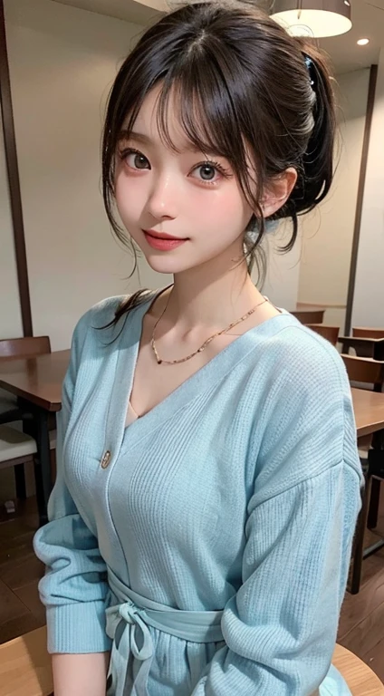 NFSW、on the table、Masterpiece、1 girl in、(face close-up、cowboy shooting)、Front view、Japanese、very young lovely woman、(The cutest girl in the world)、、face smaller、Full, large breasts、autumn knitted jacket、pure inner、Chiffon dress、Ultra-detailed clothing、smile in cafe、Hair ring、Thin necklace、charming figure、super cute face、shiny lips、double eyelids、 natural makeup、long eyelashes、Shiny smooth light brown hair、Bangs、Short hair with double ponytail、不对称Bangs、image in center、8K resolution、high detail、Detailed hairstyle、a delicate face、spectacular lights、Octane number renderings、with vitality、surreal、perfect limbs、perfect anatomy