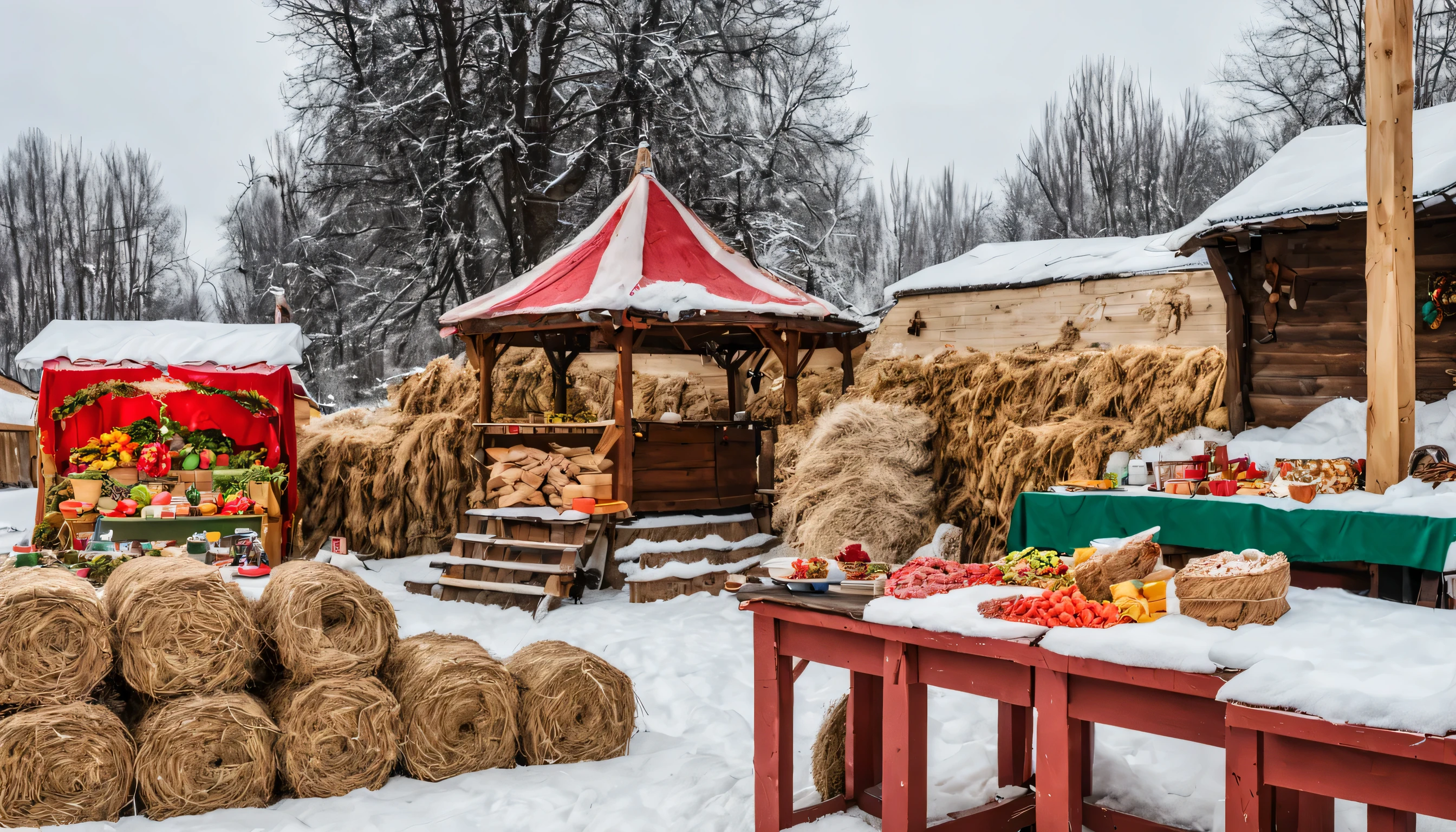 photographing a wooden gazebo, winter street fair in Russian folk traditions, bright colors, snow, Souvenirs, hay bales in the background, in front there is a table with food and other festive attributes, bright colors и гирлянды, wooden fence in the background