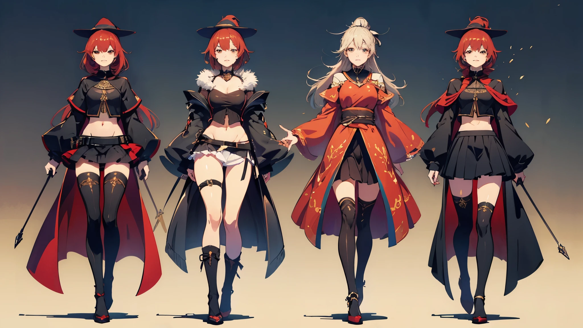 character design sheet, medieval tall female witch, ornate robes, exposed belly, leggings, skirt, with red hair and black eyes, gold accessories, final fantasy 14