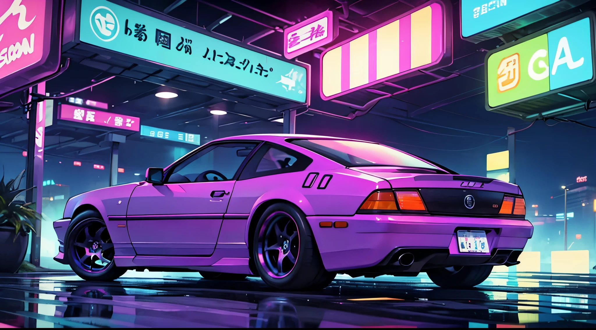 Cool chic car on a wet road. , neon lights, neon, retrowave, club,,,, in love Hemp, colorful, wallpaper, energy, secret, magical environment, omniscience, prediction of the future, understanding the past, frost magic, --v 6