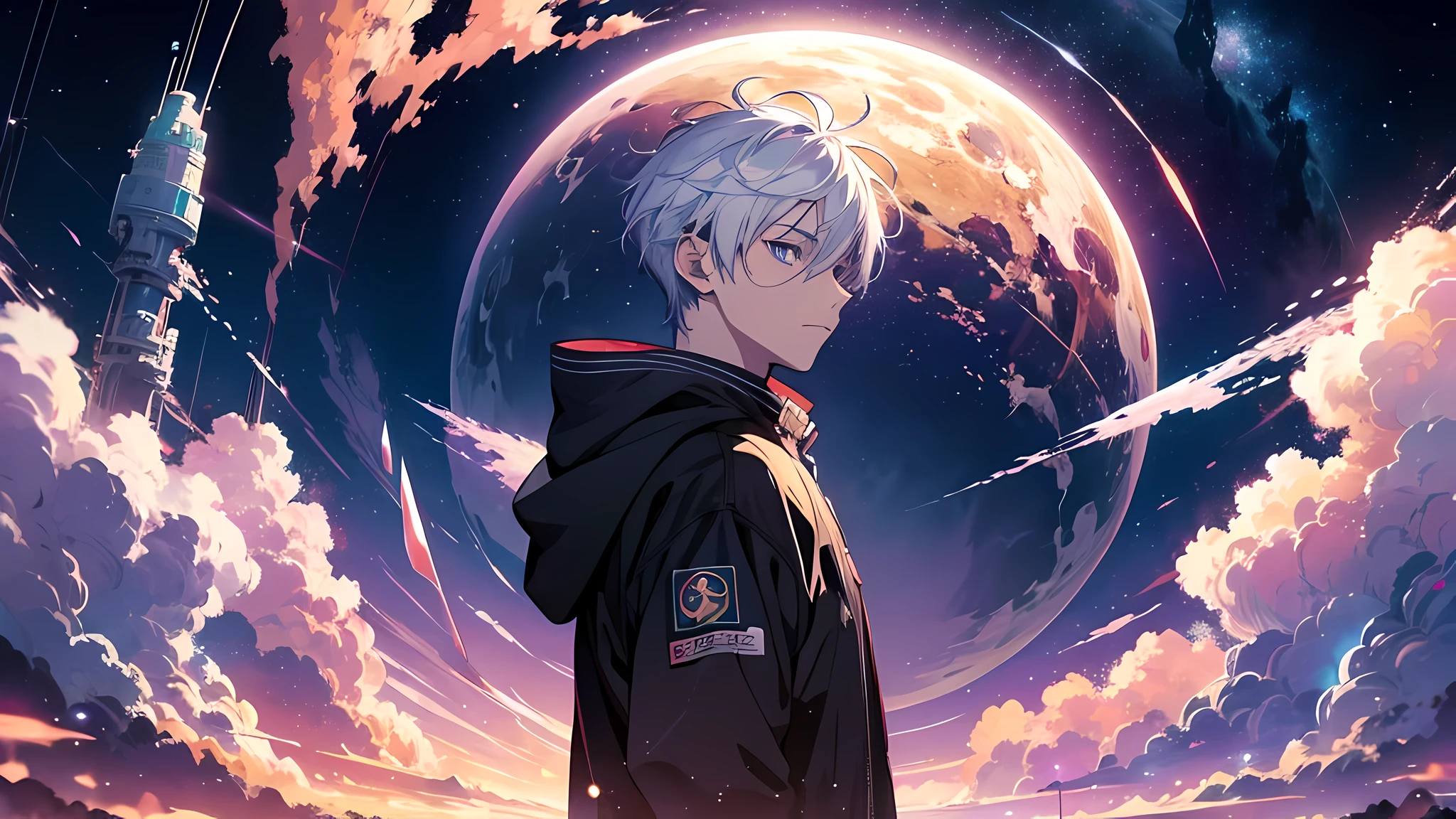 anime - style scene of the most beautiful aesthetic cosmic psychedelic sky with a shooting star and a distant planet, aesthetic cosmic psychedelic atmospheric skies, anime art wallpaper 4k, anime art wallpaper 4 k, anime art wallpaper 8 k, anime wallpaper 4k, anime wallpaper 4 k, 4k anime wallpaper, anime sky, amazing wallpaper, anime background, enchanted heaven planet in background, anime background art, boy in white hair
