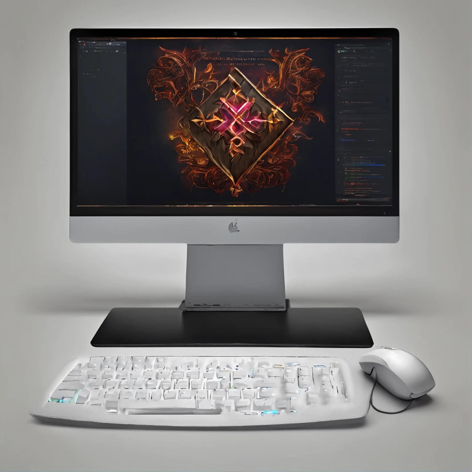 (Best quality,4K,8K,A high resolution,Masterpiece:1.2),Ultra-detailed,(Realistic,Photorealistic,photo-realistic:1.37), computer, multiple ports, a gaming monitor, custom computer, detachable screen, detachable keyboard, glowing rune symbols on the computer, rune letters on the side of the computer, full view, computer made of magical iron, rune markings on the body of the computer, RGB lights, colorful lights full device, big pc, sci-fi pc, futuristic pc, fantasy pc, magical pc