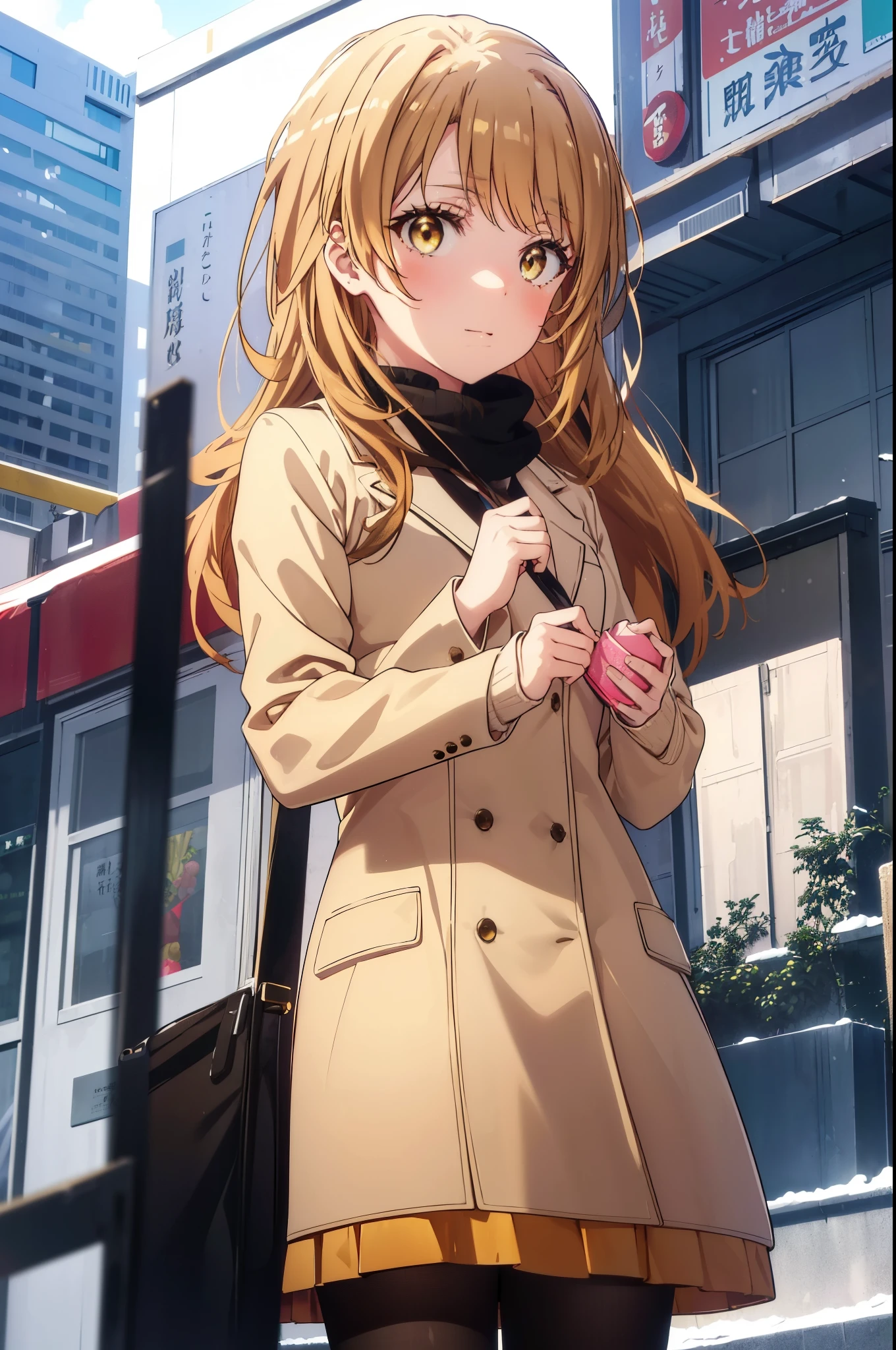 irohaisshiki, Isshiki Iroha, long hair, light brown hair, (brown eyes:1.5), smile,blush,yellow long coat,sweater,red muffler,long skirt,Black pantyhose,short boots,winter,It&#39;s snowing,garden,階段に座ってる
break outdoors, city,garden,
break looking at viewer,peek from below,
break (masterpiece:1.2), highest quality, High resolution, unity 8k wallpaper, (shape:0.8), (beautiful and detailed eyes:1.6), highly detailed face, perfect lighting, Very detailed CG, (perfect hands, perfect anatomy),