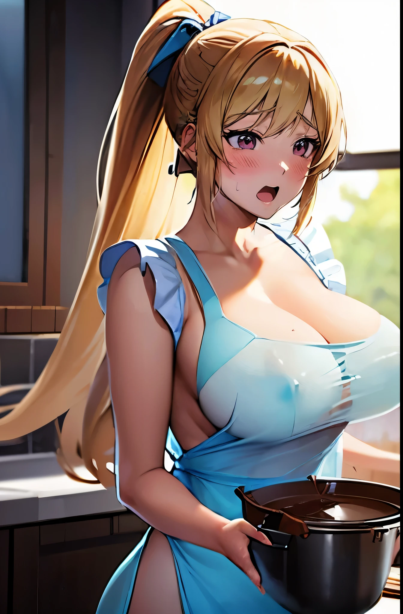 masterpiece, ((anime:1.5)), best quality, nsfw, (open mouth:0.8), cute face, blush:1.9, ((Impatient face)), ((surprised face)),1 woman, half Japanese, half American, (((ponytail)), blonde, ((housewife's face)),