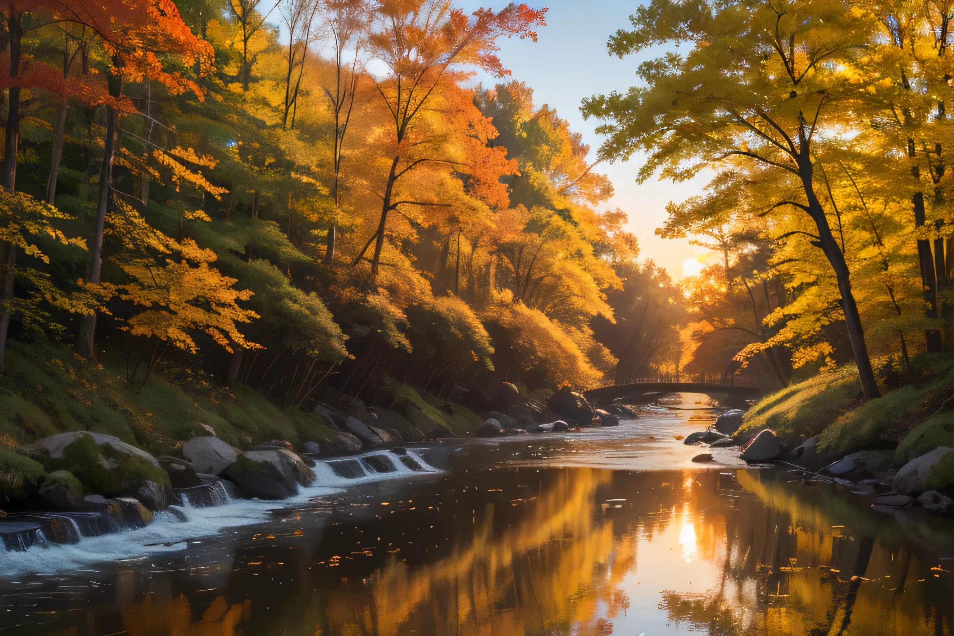 (highest quality,High resolution,masterpiece:1.2),Bright autumn colors,fun river,Bright reflections on the water surface,warm and cozy atmosphere,golden sunshine,lively laughter,harmonious nature,Crackling and leaves,rustling of floating leaves,tranquility,happiness,cascade color,Sparkling waves,Sparkling sunset,Picture-perfect scenery,Moments of peace,beauty of nature,timeless memories,nostalgic atmosphere,Connection with nature,Pleasant melodies,gentle ripples