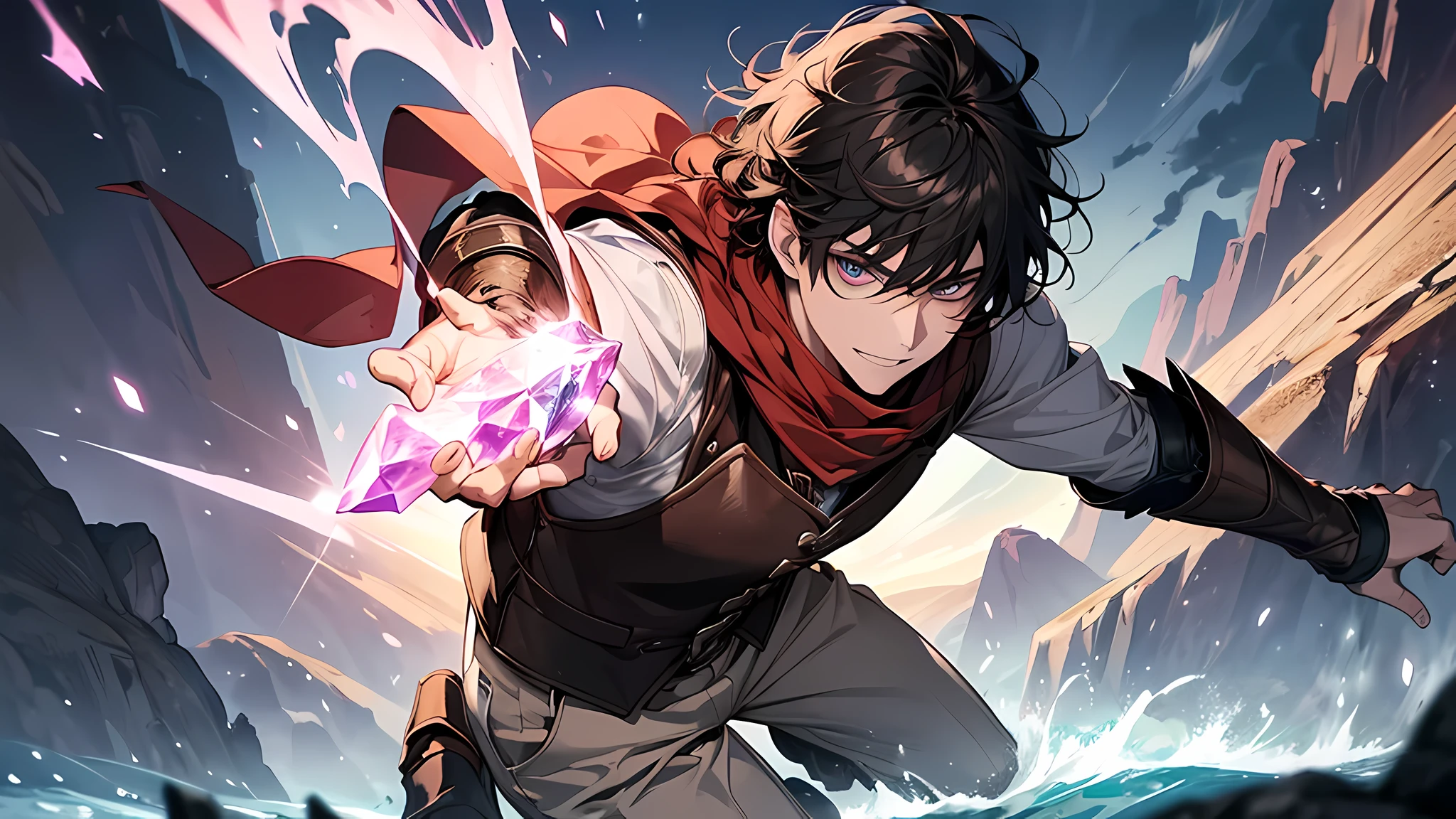 (((Top quality, 8k, masterpiece))) Anime style, young evil male, short black curly hair with half bangs, wild wavy hair, white pants, dark red blouse underneath a brown leather vest, armored wrists, brown boots with armor, blue scarf, blue scarf, wider face, brown angry eyes, angered grin, dark cave with crystal blue water background, dynamic pose, pink purple crystals sprouting from arm, The thing most likely to guarantee my safety is to clear this game. At the end of the story, it is said that Ian became a magic knight and went on to win