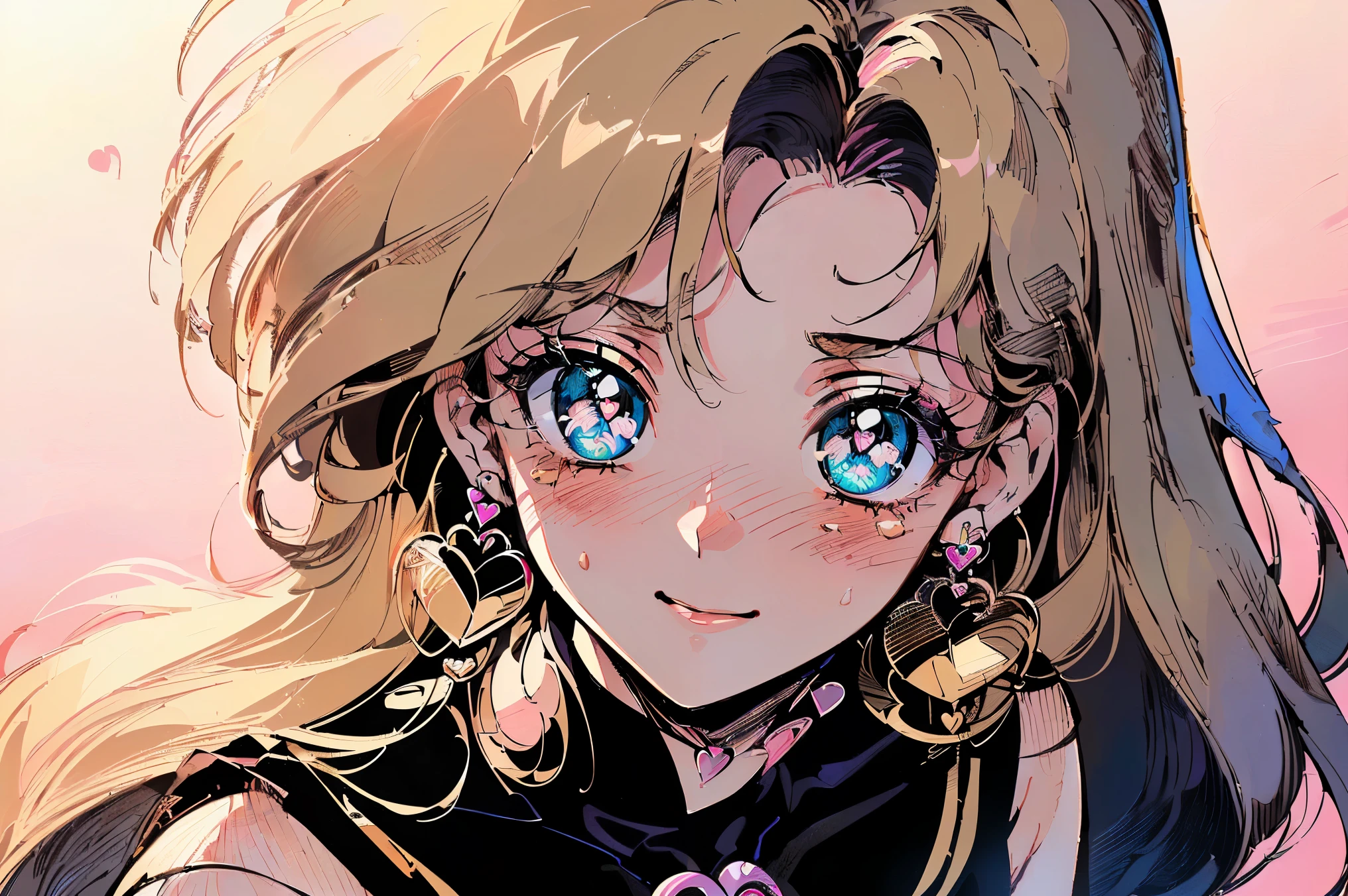 (90's anime style,1990s style,1970s anime, in the style of sailor moon,clear, (blush:1.7),(zentangle:1.1), (geometric:1.1), ((1girl,amazing,sharp focus,cute,Solo,))(Masterpiece,Best quality, offcial art, Beautiful and aesthetic:1.2),(incredibly_absurdres,Golden ratio,) (16k),(upper upper shot,close up),Sharp focus, (highdetailskin,),Delicate pupils,(detailed hair|retro hairstyle|heart earrings|pink bow),(masterpiece sidelighting),(The sheen),(beautiful hair,beautiful eyes,)(extremely_Detailed_Eyes_and_face),Brilliant,Glossy , (blond hair), smiling