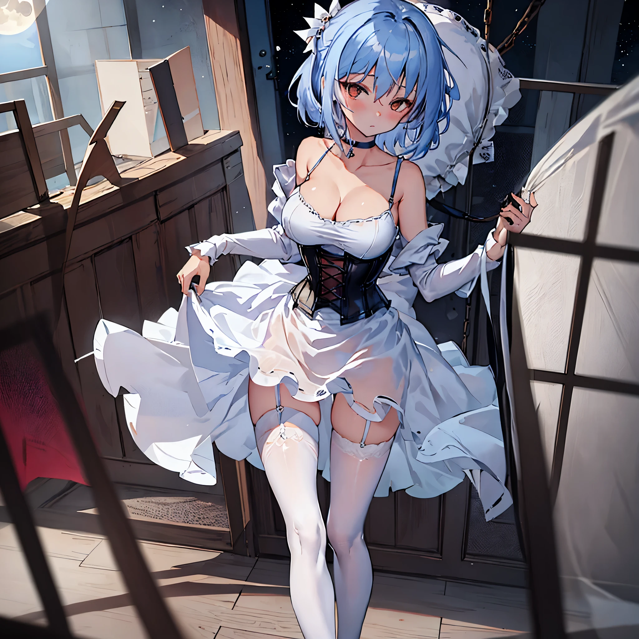 Remilia toho character, (solo:1.2), (standing on deck of mansion:1.1), a full moon, midnight, BREAK, short hair, collarbone, (very perky large breasts), (emphasize cleavage), (inconceivably thin waist:1.3), (very short thin torso:1.2), very long (thin legs), emphasize thigh gap, BREAK, (sheer white dress) with (plunging neckline:1.2), shoulder straps, (brown inconceivably wiry corset cinches waist too tight:1.5), frilled (too short white miniskirt), (light blue thighhighs), BREAK, nose blush