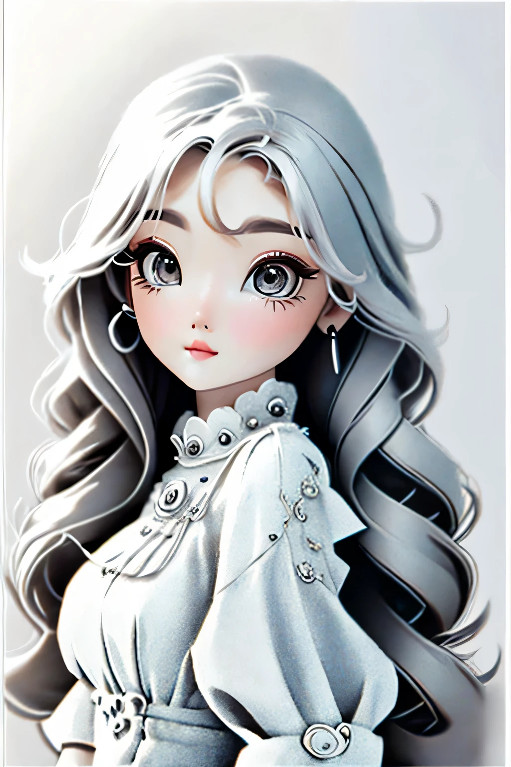 monochrome, grayscale, there are no humans, white background,symbol,、stainless、Metal、light、3d、4dface shape and features: the beginning、outline a round face。Draw Big eyes、Add soft eyebrows below。Don'Don'Don't forget about the small nose and plump lips。 Hairstyles and hairstyles:Long hair clothes and poses: Yes Add details: Add eye and hair details、Add depth and interest to your photos。Eyelash and hair flow、draw wrinkles etc... of clothing.。 Add a background (option): シンプルなAdd a backgroundことで、Can add depth to your photos。by drawing a picture、Add fun to your drawings。 using these prompts、Let me'Draw a line drawing of a cute girl。freely arrange、High resolution、luxury fabric、dress、Big eyes、super beautiful