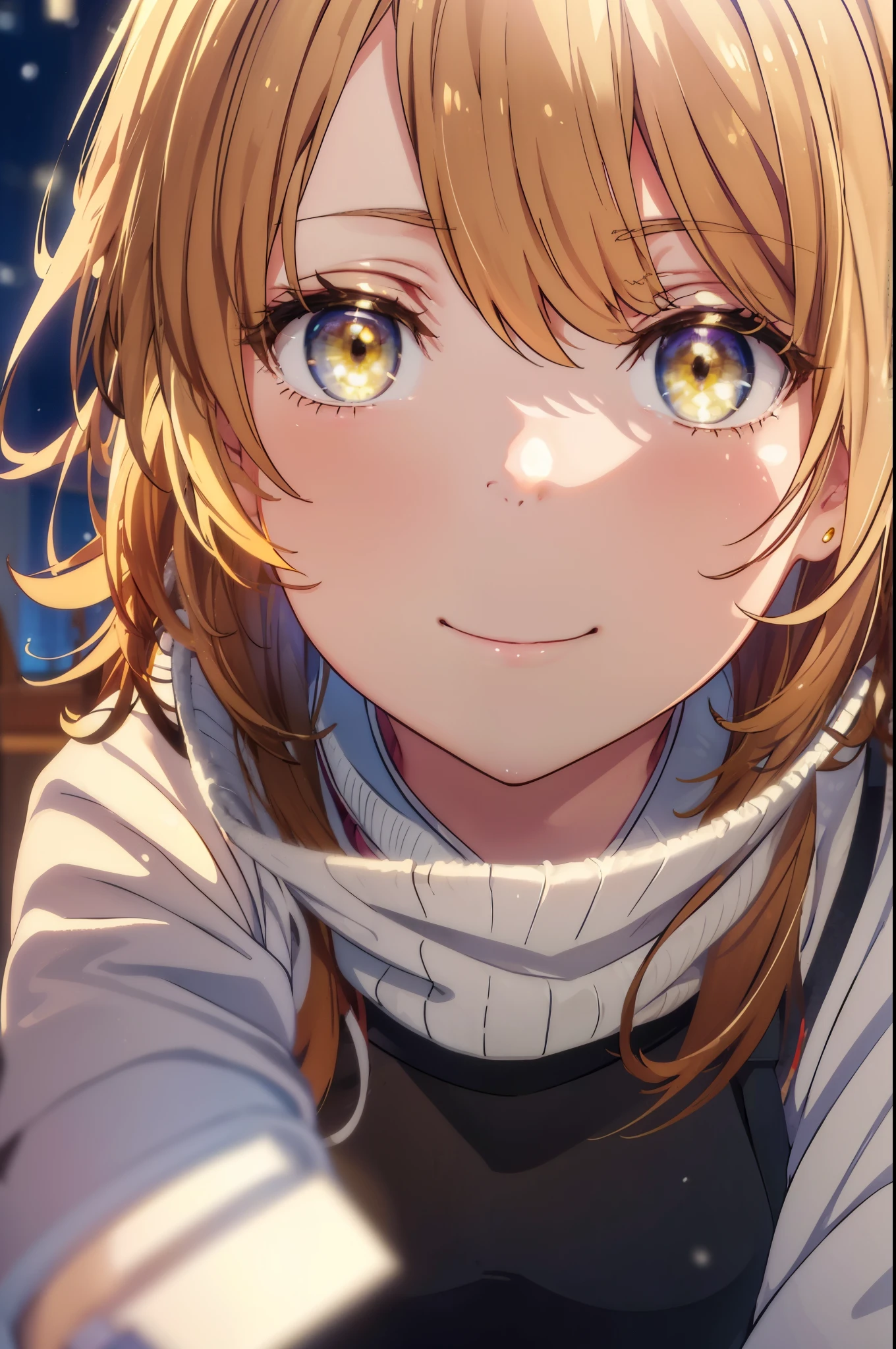 irohaisshiki, Isshiki Iroha, long hair, light brown hair, (brown eyes:1.5), smile,blush,yellow long coat,sweater,red muffler,long skirt,Black pantyhose,short boots,winter,It&#39;s snowing,garden,階段に座ってる
break outdoors, city,garden,
break looking at viewer,peek from below,
break (masterpiece:1.2), highest quality, High resolution, unity 8k wallpaper, (shape:0.8), (beautiful and detailed eyes:1.6), highly detailed face, perfect lighting, Very detailed CG, (perfect hands, perfect anatomy),