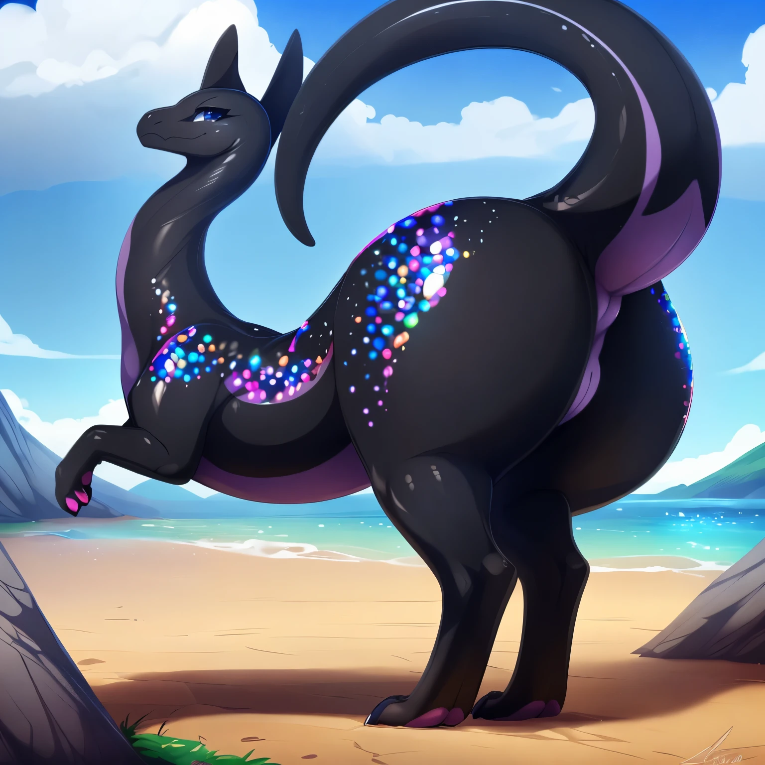 ((slugcat)), \(rain_world\), otter, [black_goodra:0.5], [black_lugia:0.4], [salazzle:0.3],  ((all_black_body)), ((feral_quadruped)), (by shikaro), (by Inno-Sjoa), (by asaneman), (by DAGASI), female, big_butt, ((extremely_wide_excessively_massive_hyper_hips)) normal_tail, (massive_plump_hyper_labia), ((prismatic_speckles)), Long_neck, (glistening_skin), ((digitigrade_extremely_tiny_paws)), Perfect_eyes), sexy, seductive, 1080p, (best quality), (masterpiece),