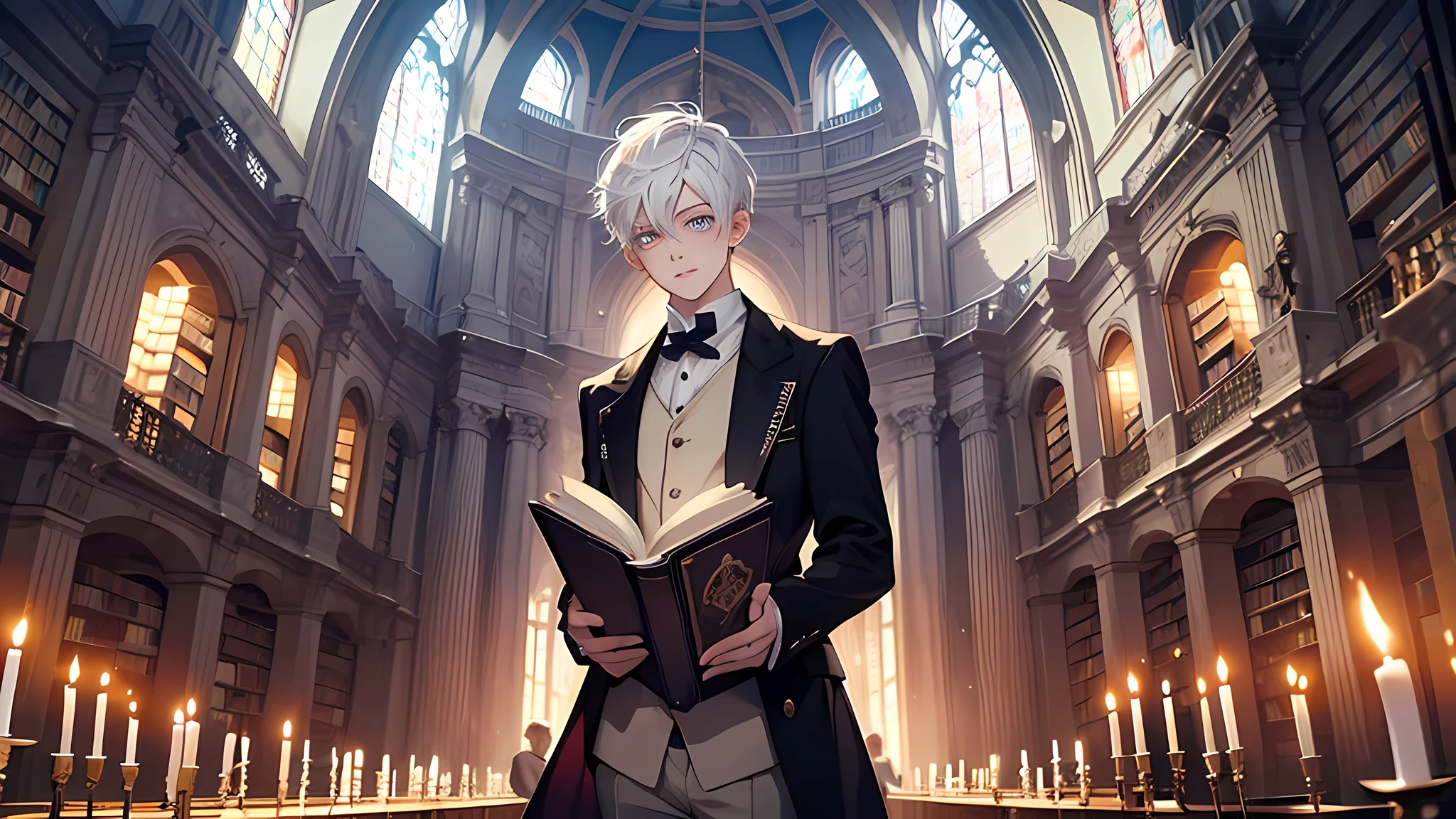 an boy with short white hair stands inside a large library and holds an open book, the library is lit by candles and filled with books stacked on the floor, with a large round window in the background showing the galaxy with a constellation, Perfect lips, symmetrical face, olhos realistas, pele de porcelana, HDR, UHD, perfect face, perfect eyes