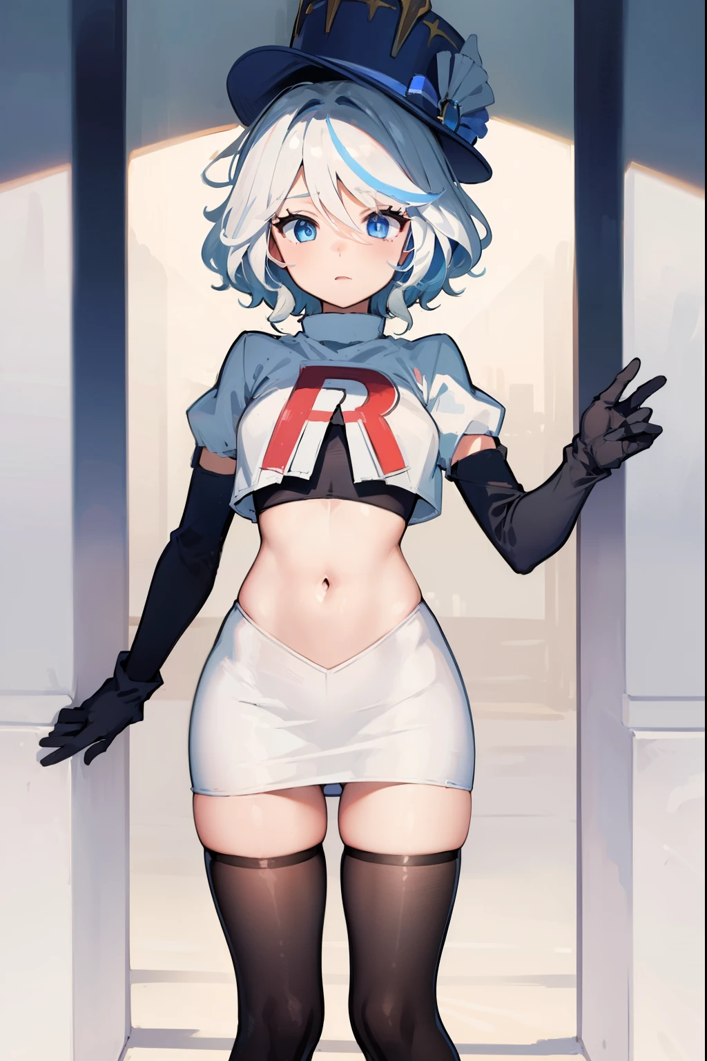 ((masterpiece,best quality)), 1girl, furina, heterochromia, short hair, blue hat, team rocket,team rocket uniform,red letter R, white skirt,crop top, black thigh-highs,black elbow gloves,