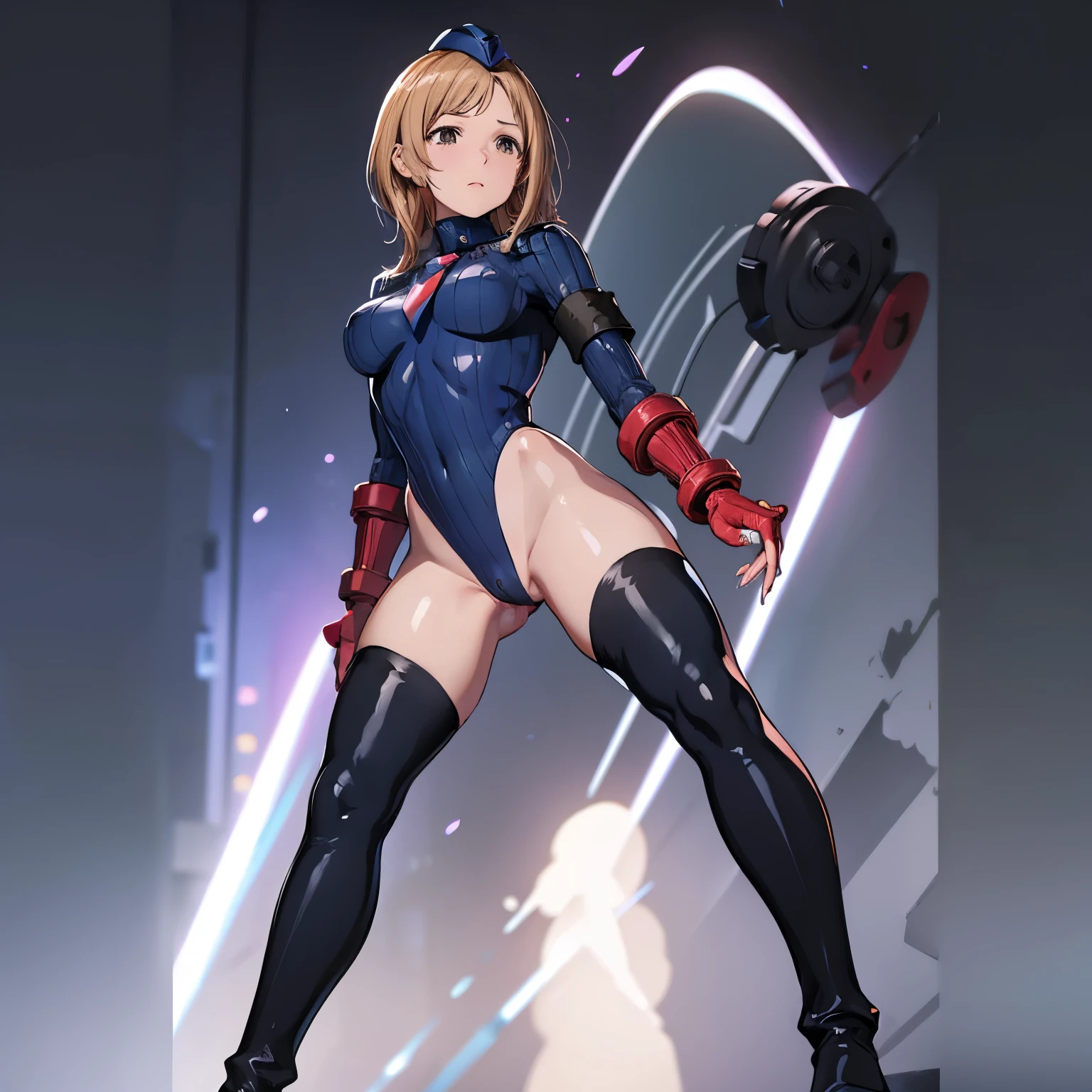 ultra-detailed, Explicit, Beautiful body, Beautiful Nose, Beautiful character design, perfect eyes, perfect face, ultra highres, 4K, beautiful legs, perfect legs, Nice hands, Perfect hand, Masterpiece, Best Quality, Highly detailed, illustration, absurdres, perfect anatomy, street fighter, doll suit, shadaloo doll, dollsuit, expressionless, blank eyes, looking at viewer, red gloves, emotionless, black latex, corrution, mind control, female combatant, full body, hypnotized, unhappy trance, full body suit, ribbed bodysuit, both arms at side, obey, perfect female body, extremely glossy latex, hypnosis, hypnoLora, empty eyes, Mind control device, poses, submissive_pose, Slave, stand up straight, standing, standing at attention, hat, necktie, belt, latex, ribbed bodysuit, thighhighs, garter belt, Fighting Stance, extending the right arm from the shoulder into the air with a straightened hand, military, thigh boots, 1girl, hair ornaments, light brown hair, Medium hair, brown eyes, (((pixel-perfect, detail-perfect))), solo, 1girl, Sakuragi Mano, THE IDOLM@STER SHINY COLORS