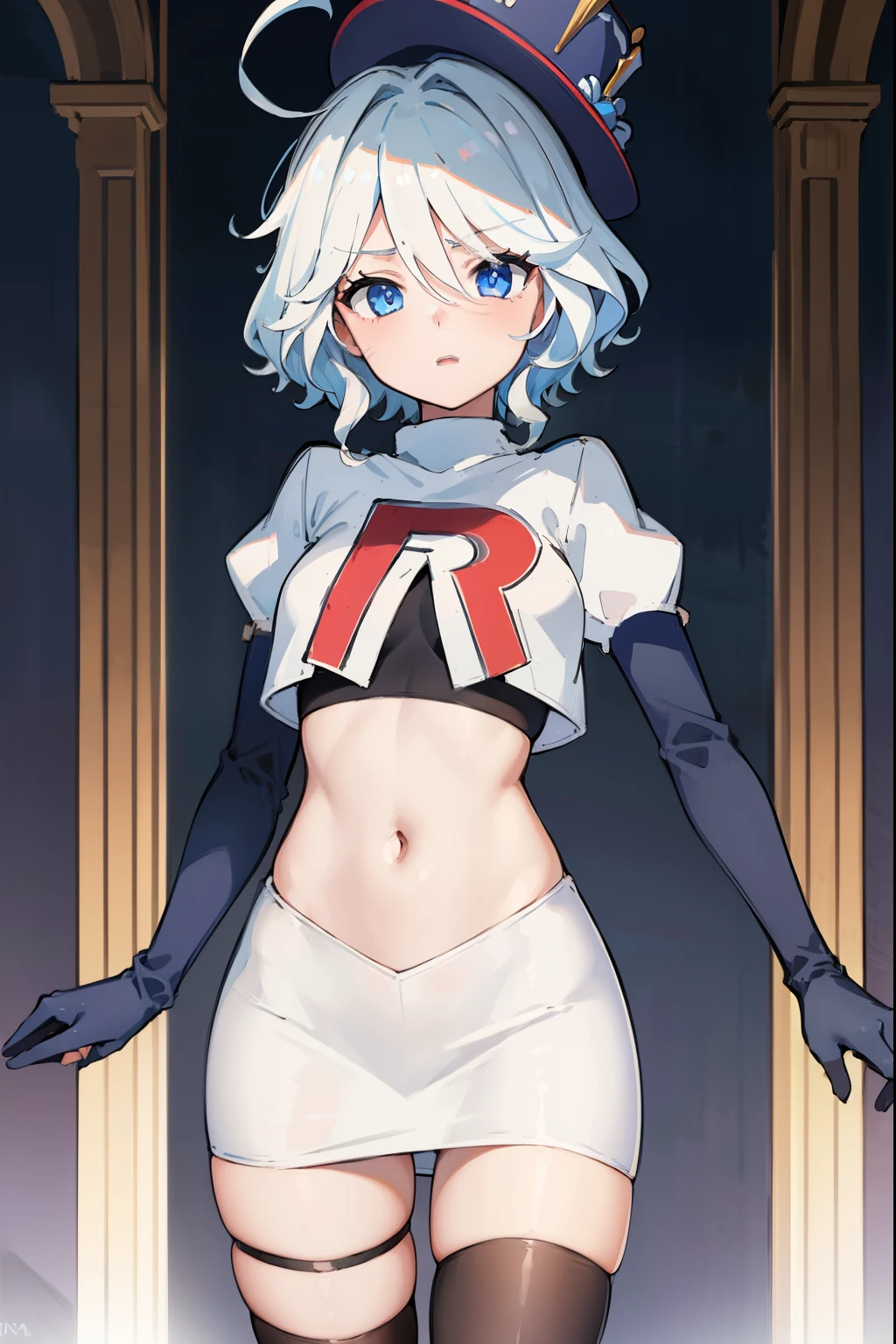 ((masterpiece,best quality)), 1girl, furina, heterochromia, short hair, blue hat, team rocket,team rocket uniform,red letter R, white skirt,crop top, black thigh-highs,black elbow gloves,