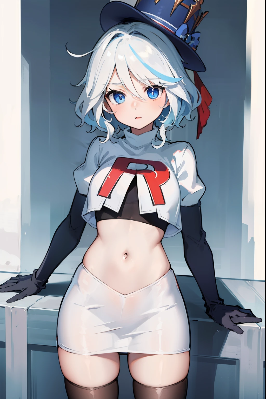 ((masterpiece,best quality)), 1girl, furina, heterochromia, short hair, blue hat, team rocket,team rocket uniform,red letter R, white skirt,crop top, black thigh-highs,black elbow gloves,
