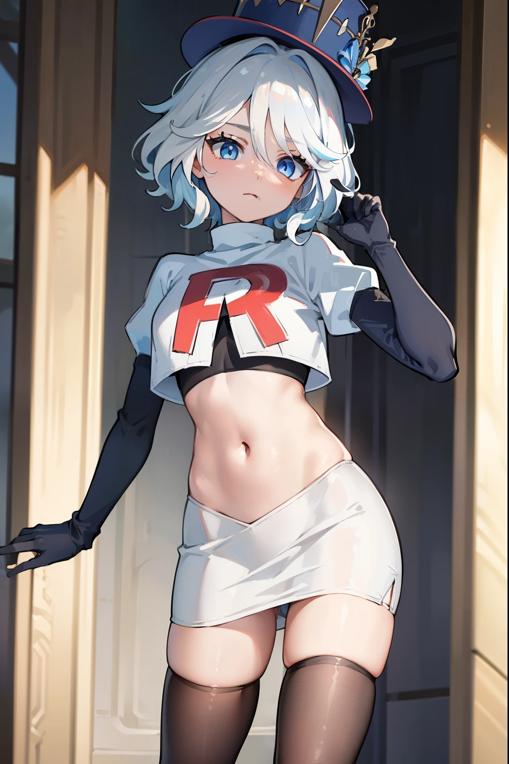 ((masterpiece,best quality)), 1girl, furina, heterochromia, short hair, blue hat, team rocket,team rocket uniform,red letter R, white skirt,crop top, black thigh-highs,black elbow gloves,