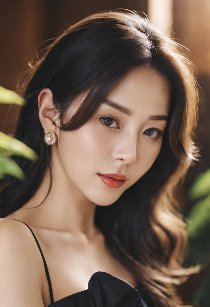 a korean woman in a black sheered robe posing for a picture, wearing edgTemptation , indoors, luxurious hotel, night, plants,smile, mixed Korean, background blur, focus, professional photography, dynamic angle shot, film grain, bokeh, ray tracing, dynamic lighting, tilt camera, from front shot, lens flare,
(((masterpiece))), ((best quality)), NSFW, ((intricate detailed)), ((realistic)), (50mm Sigma f/1.4 ZEISS lens, F1.4, 1/800s, ISO 100, photograpy:1.1), perspective,milf, mature woman, highly detailed, illustration, 1girl, big breasts, beautiful detailed eyes,long hair, bang, brown hair, brown eyes, black choker, earrings, detailed background, perfect eyes, seductive eyes, looking at the viewer, from front