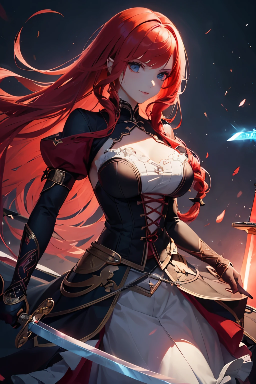 1girl,sense of deps,disorganized,catch light,Super beautiful illustrations,(((sword,Precision:1.2))),(((With a handle))),(Red hair,long hairstyles:1.3),eye shadow,(Red clothes,gothic ta),Upper body,;D,beautiful and delicate flowing hair,Delicate and detailed blue eyes,emphasized chest,big breasts,女sword士