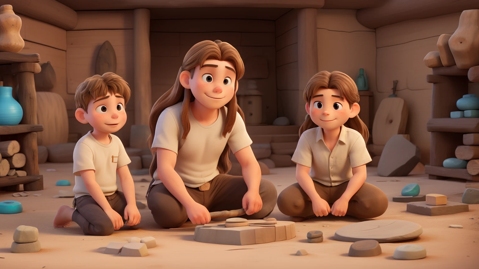 Noah and his sons gather primitive materials like stones and wood, using rudimentary tools to construct the ark in the ancient style. Give only noah ( the father ) long hair
