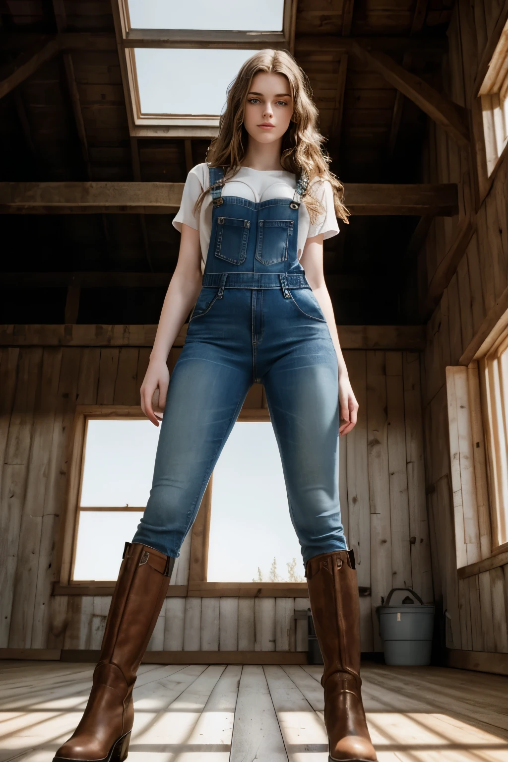 masterpiece, best quality, hyperrealistic, cinematic photo, 18 year old girl, pale skin, American amazing slender body, huge breasts, denim overall, Brown boots, long brown wavy hair, large legs, perfect hands, beautiful face, perfect face, youthful, (blured background), modern style, from below, (low-angle shoot), full body shot, standing, underneath shot, (view viewer), looking at viewer,(8k, epic composition, photorealistic, sharp focus), sophisticated background, Inside a barn, DSLR, foil grain, backlight
