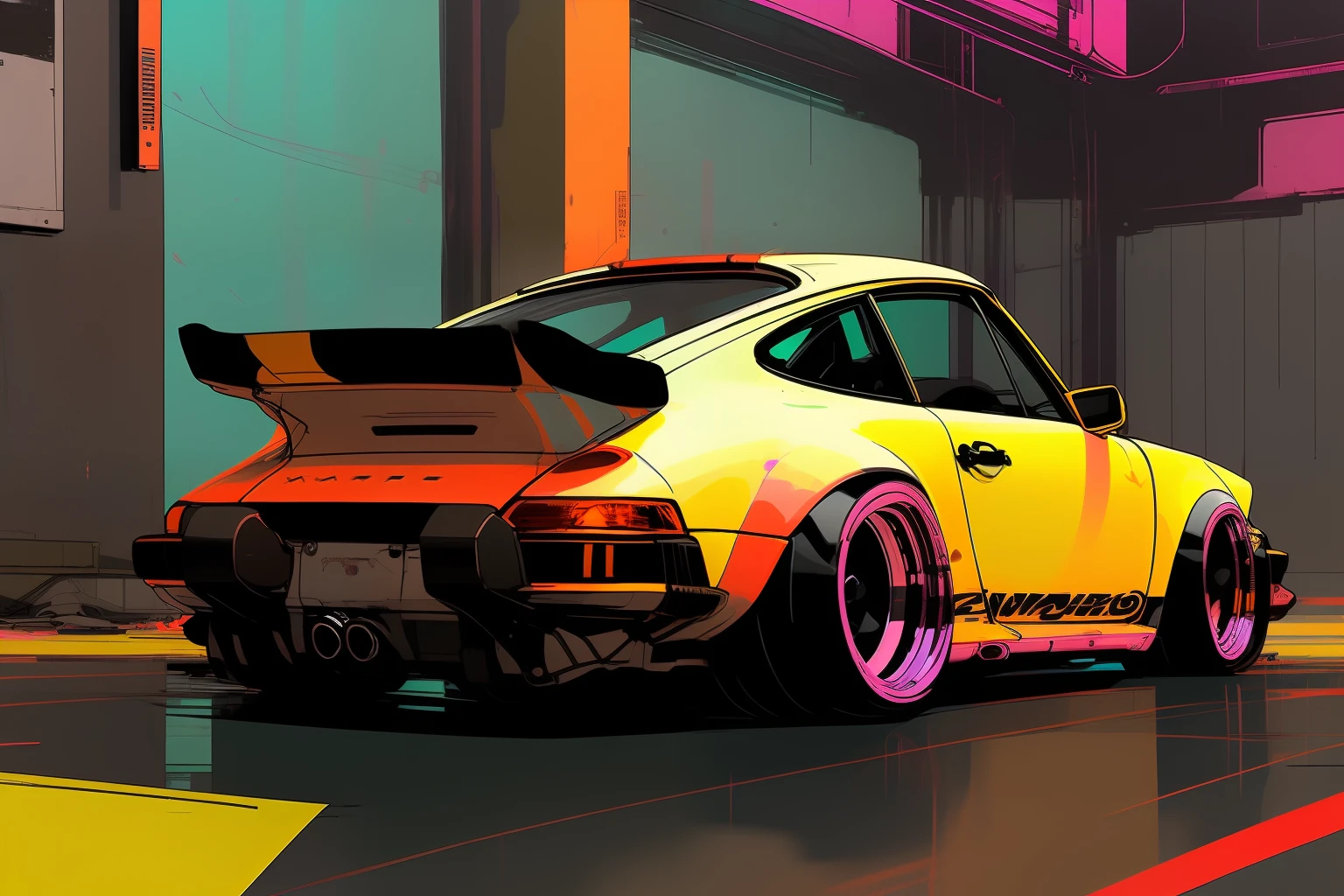 nvinkpunk, painting of Gautam city with a neon colored Porsche 911 rwb rotting,wide bodykit, large wheels, slammed, air ride, high quality,