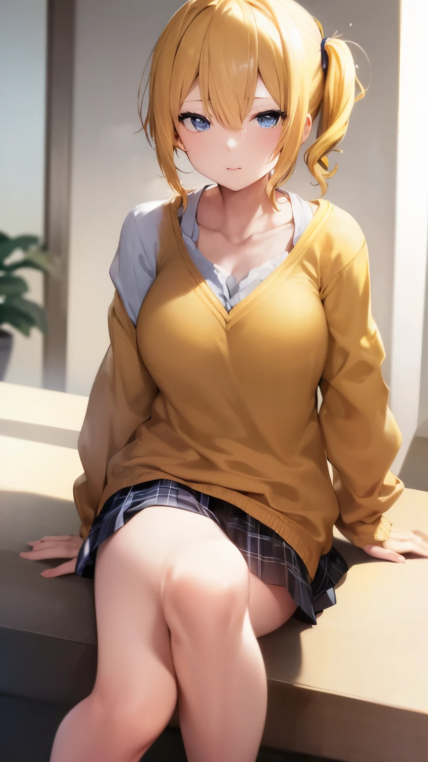 seductive anime girl, [ 4 k digital art ]!!,ultra realistic picture, overdetailed art, 8k high quality detailed art,curvy tanned gyaru,(tareme,thick lips:1.2),dress shirt,cardigan,school uniform,sidetail,pleated skirt,brown loafers,blonde short hair,(dark skik:1.3),loose socks,sweaty,close up,squatting on desk,in classroom,(blushed),