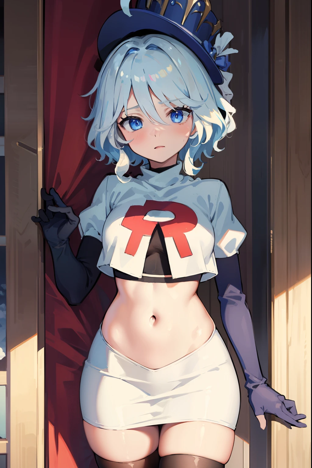 ((masterpiece,best quality)), 1girl, furina, heterochromia, short hair, blue hat, team rocket,team rocket uniform,red letter R, white skirt,crop top, black thigh-highs,black elbow gloves,