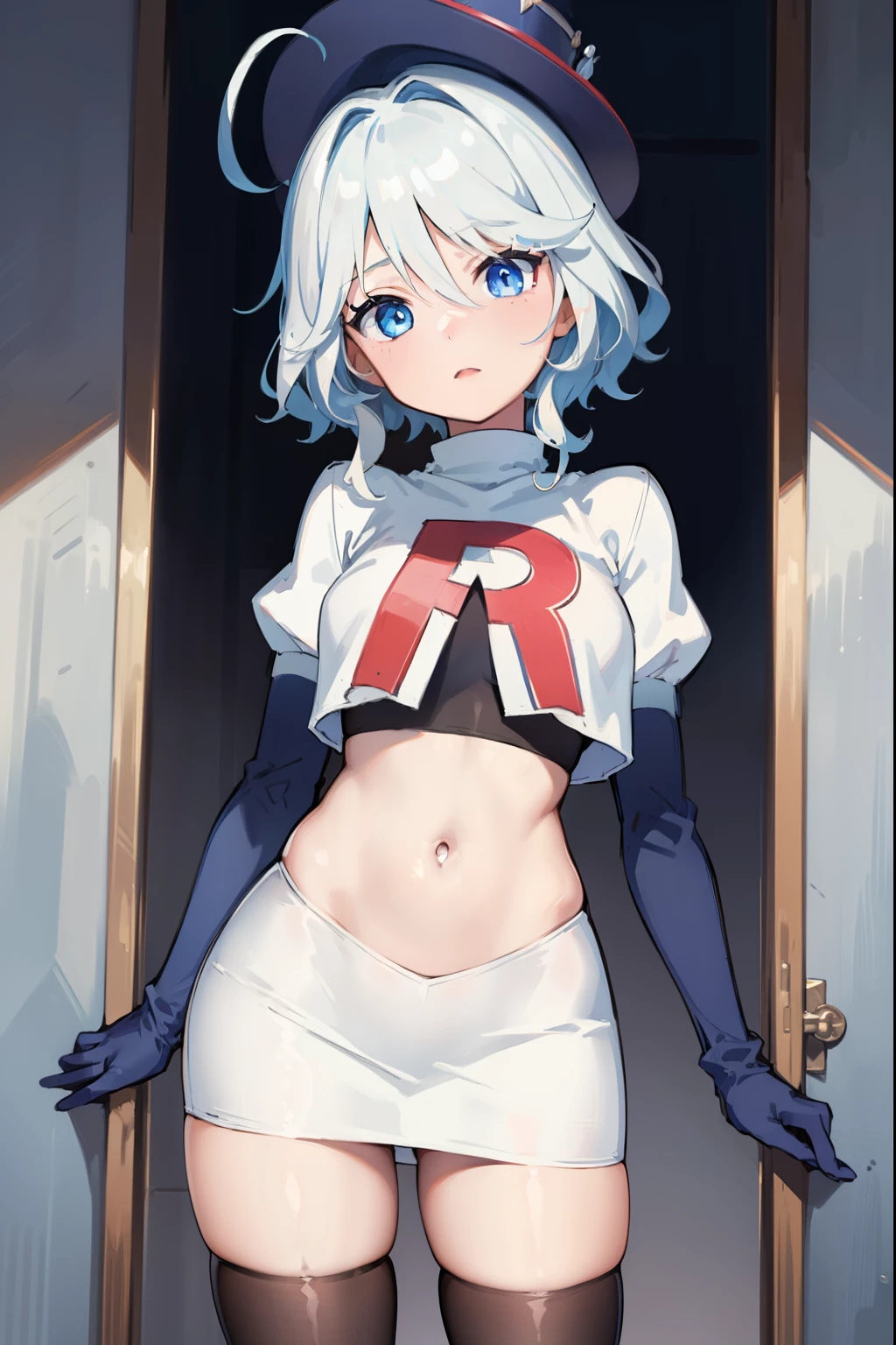 ((masterpiece,best quality)), 1girl, furina, heterochromia, short hair, blue hat, team rocket,team rocket uniform,red letter R, white skirt,crop top, black thigh-highs,black elbow gloves,