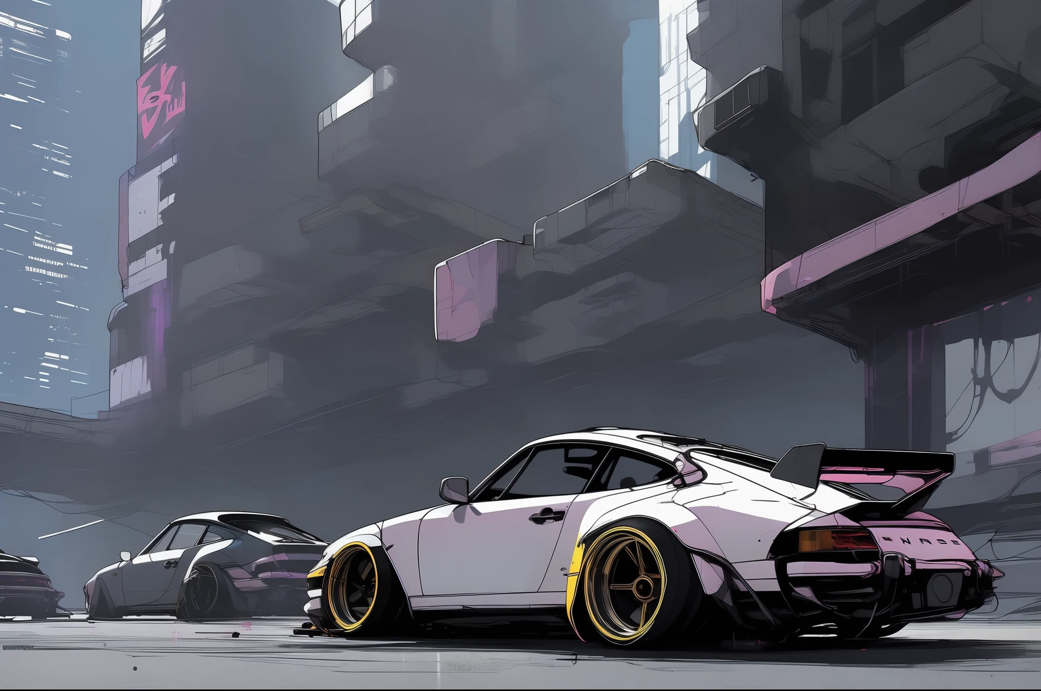 nvinkpunk, painting of Gautam city with a Porsche 911 rwb rotting,wide bodykit, high quality,