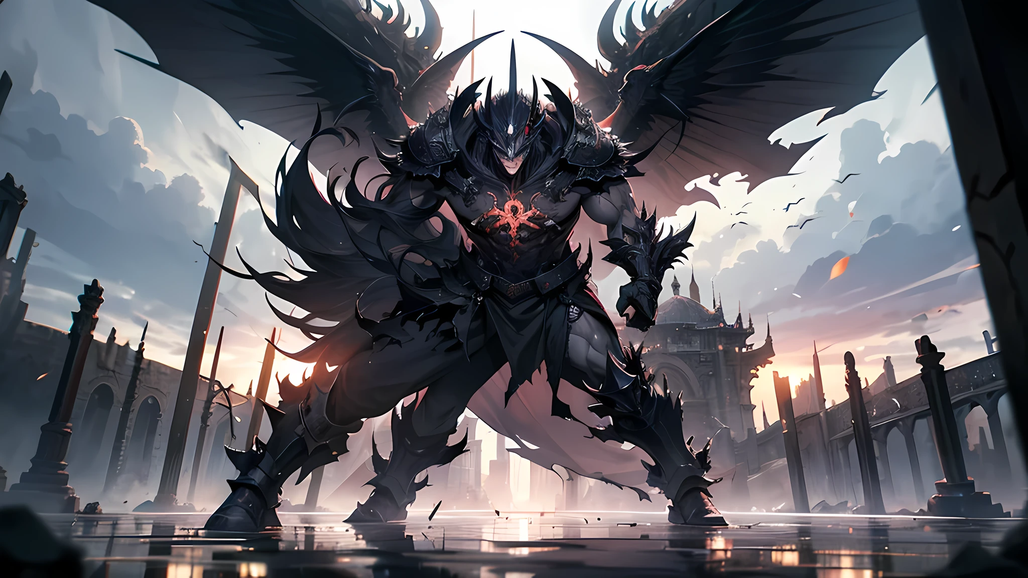 A taciturn anime warrior full of resentment, waged in a relentless battle against a formidable demon. The fighter exudes a palpable aura of animosity, his muscles rippling with each blow. They wear a dark, tattered cloak that ripples in the wind, accentuating their nimble movements. The demon is tall, with menacing horns and bright marks, reflecting its supernatural nature. The battlefield is an ancient mystical temple shrouded in a maelstrom of dark energy, with broken pillars and mystical symbols adorning the surroundings. This scene is conceived as a visually stunning 3D artwork with intricate character models and atmospheric lighting effects, defeat the final boss, Nepid the Evil God. Naturally, this game cannot be completed without that bastard who is the main character