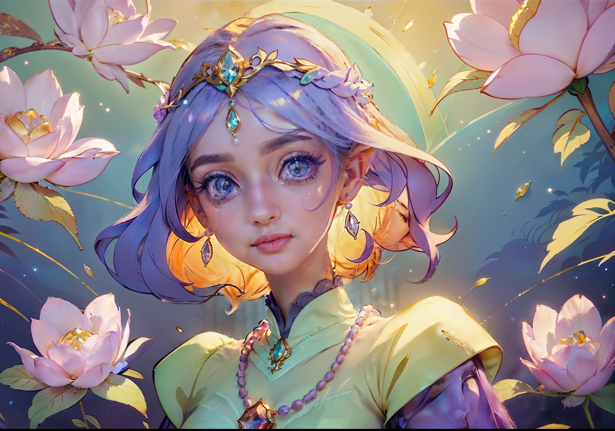high-quality,ultra-detailed,beautiful detailed eyes,beautiful detailed lips,extremely detailed eyes and face,longeyelashes,medium:oil painting,portrait,colorful,soft lighting,princess,February theme,purple dress,tiara,graceful,ethereal,royal,blossoming flowers,fantasy,regal,enchanted garden,hairstyle with flowers,romantic atmosphere,lunar-inspired background,vivid colors,floral patterns,luxurious jewelry,dreamlike,gentle smile,celestial,pearl necklace,sparkling,delicate features,majestic,elven-like,serene expression,glowing,February birthstone,pastel colors,soft shadows,tranquil,graceful pose,fairy tale