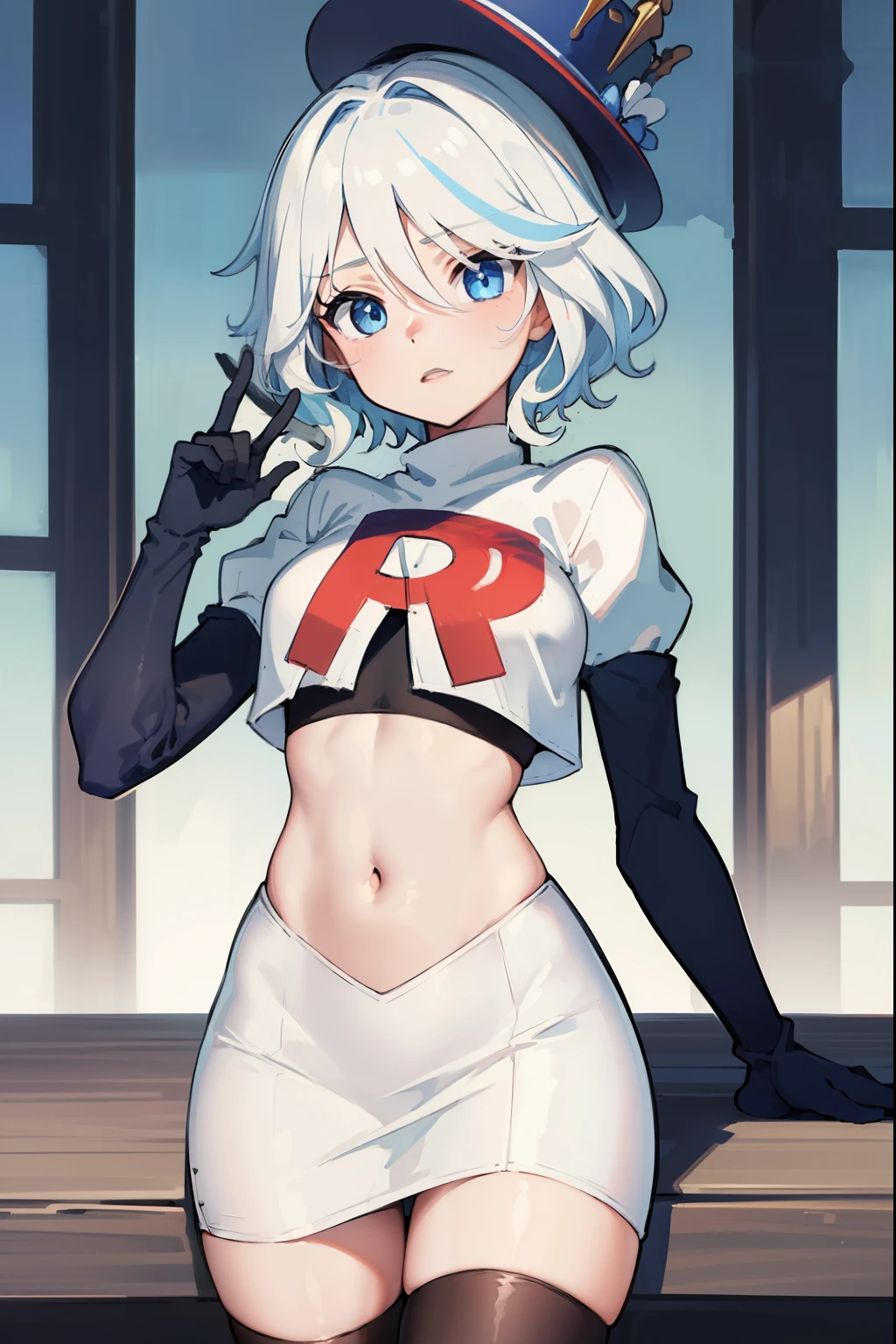 ((masterpiece,best quality)), 1girl, furina, heterochromia, short hair, blue hat, team rocket,team rocket uniform,red letter R, white skirt,crop top, black thigh-highs,black elbow gloves,