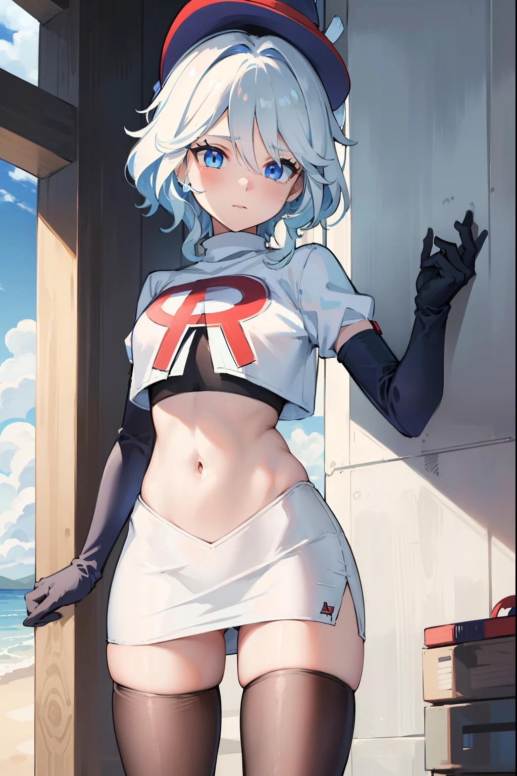 ((masterpiece,best quality)), 1girl, furina, heterochromia, short hair, blue hat, team rocket,team rocket uniform,red letter R, white skirt,crop top, black thigh-highs,black elbow gloves,