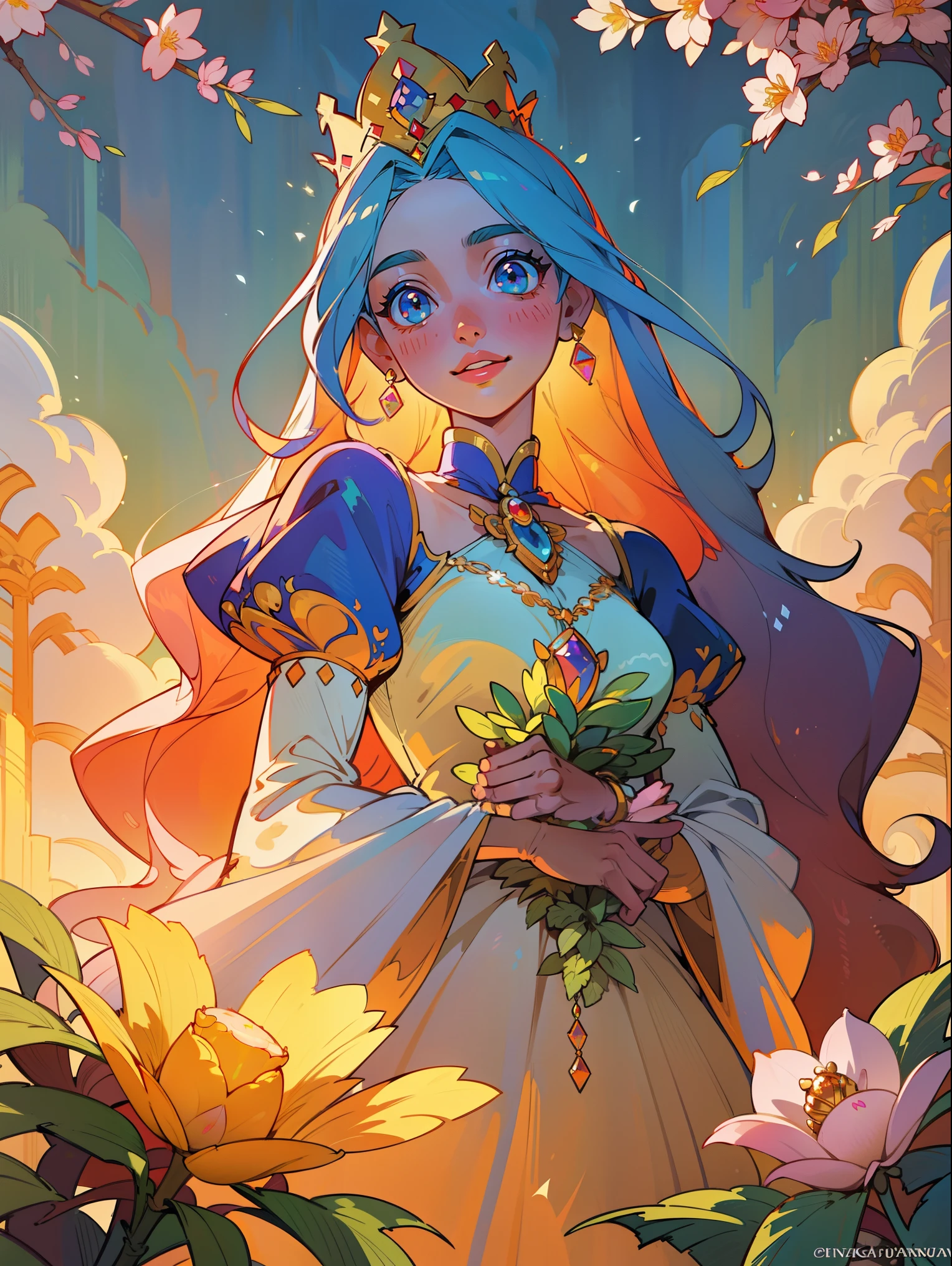 princess of the month of July,illustration,colorful,beautiful detailed eyes,beautiful detailed lips,vibrant flowers,crown,fine silk gown,summer garden,vivid colors,soft sunlight,best quality,ultra-detailed,photorealistic,summer breeze,delicate features,natural beauty,rosy cheeks,long flowing hair,graceful posture,enchanted expression,elegant tiara,sparkling jewelry,royal palace,exquisite details,celestial atmosphere,emotionally captivating,graceful demeanor,happy and radiant,delightful smile,lush greenery,fragrant blossoms,ethereal and majestic,warm and inviting,adorned with jewels,month of abundance,royal heritage,grander than dreams,depth of character,majestic aura,marvelous and regal,celebration of July,queen of the summer kingdom.