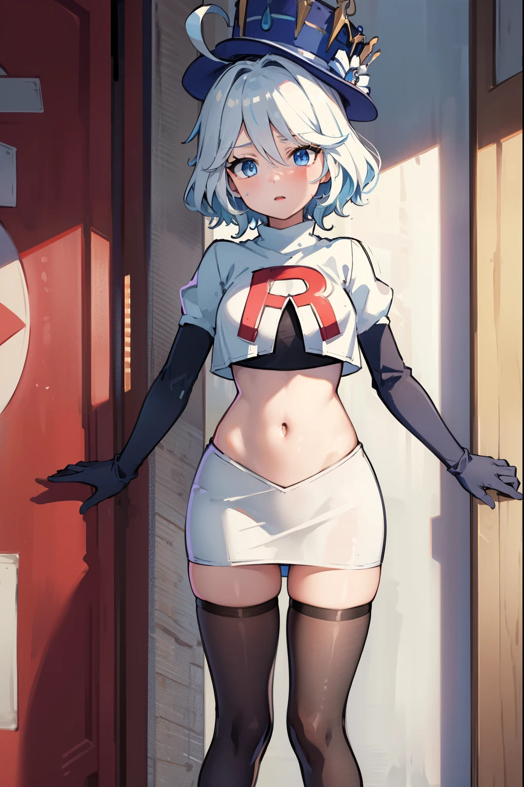((masterpiece,best quality)), 1girl, furina, heterochromia, short hair, blue hat, team rocket,team rocket uniform,red letter R, white skirt,crop top, black thigh-highs,black elbow gloves,