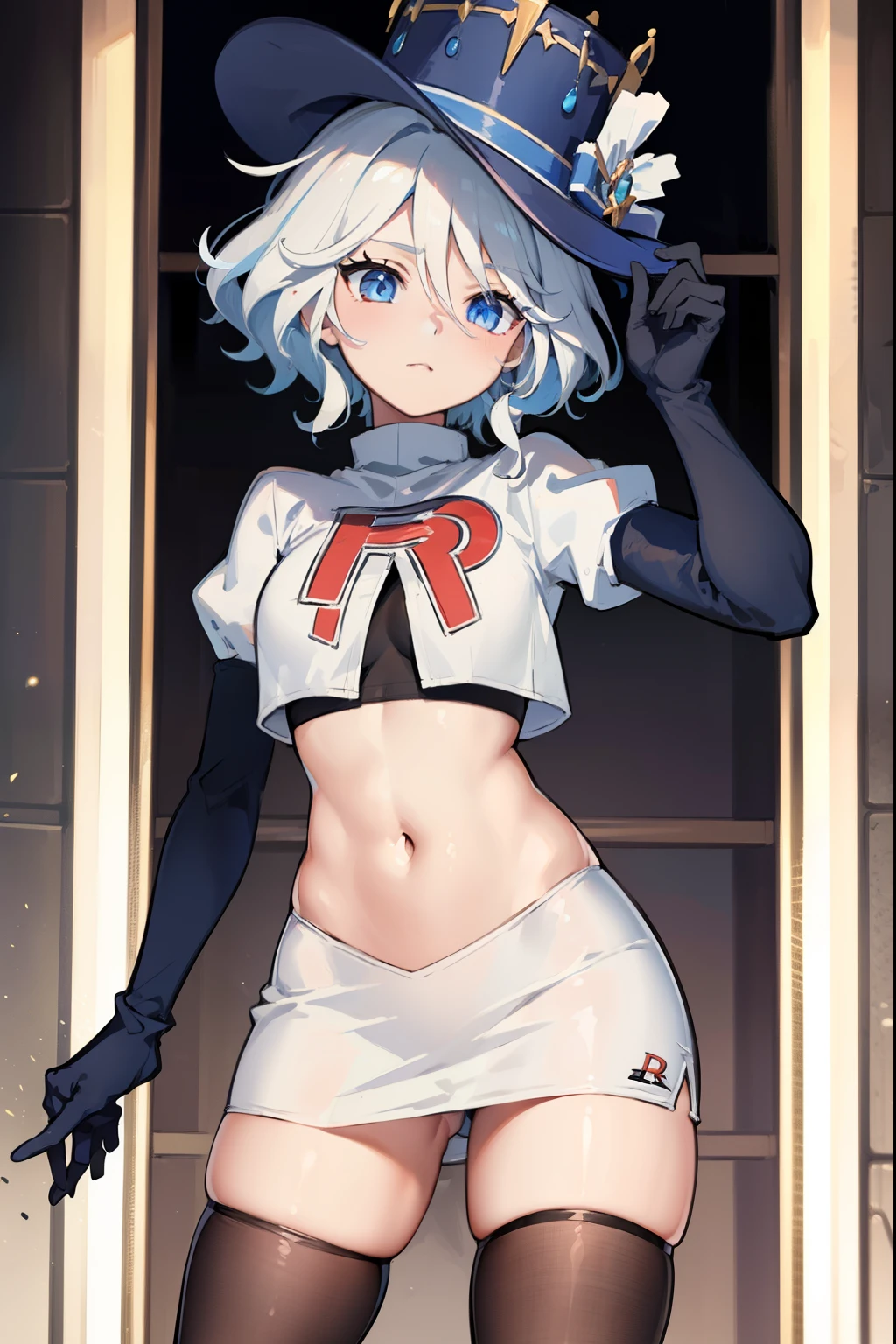 ((masterpiece,best quality)), 1girl, furina, heterochromia, short hair, blue hat, team rocket,team rocket uniform,red letter R, white skirt,crop top, black thigh-highs,black elbow gloves,