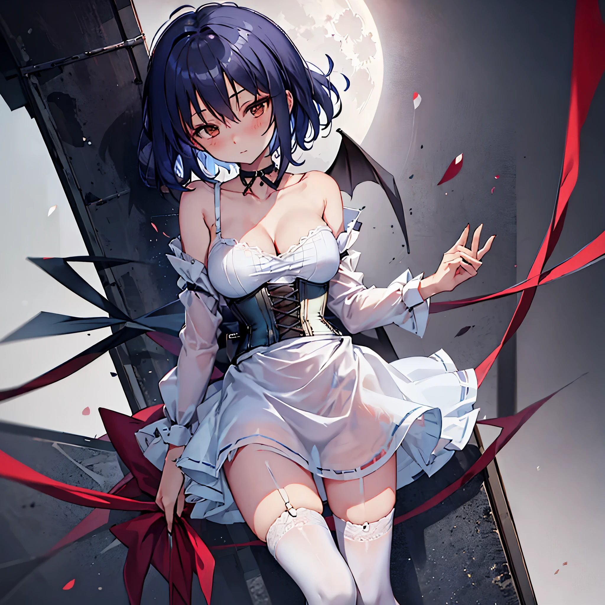 Remilia toho character, (solo:1.2), (standing on deck of mansion:1.1), a full moon, midnight, BREAK, short hair, collarbone, (very perky large breasts), (emphasize cleavage), (inconceivably thin waist:1.3), (very short thin torso:1.2), very long (thin legs), emphasize thigh gap, BREAK, (sheer white dress) with (plunging neckline:1.2), shoulder straps, (brown inconceivably wiry corset cinches waist too tight:1.5), frilled (too short white miniskirt), (light blue thighhighs), BREAK, nose blush