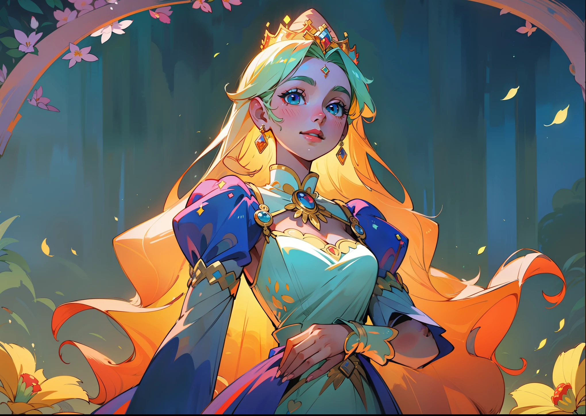princess of the month of July,illustration,colorful,beautiful detailed eyes,beautiful detailed lips,vibrant flowers,crown,fine silk gown,summer garden,vivid colors,soft sunlight,best quality,ultra-detailed,photorealistic,summer breeze,delicate features,natural beauty,rosy cheeks,long flowing hair,graceful posture,enchanted expression,elegant tiara,sparkling jewelry,royal palace,exquisite details,celestial atmosphere,emotionally captivating,graceful demeanor,happy and radiant,delightful smile,lush greenery,fragrant blossoms,ethereal and majestic,warm and inviting,adorned with jewels,month of abundance,royal heritage,grander than dreams,depth of character,majestic aura,marvelous and regal,celebration of July,queen of the summer kingdom.