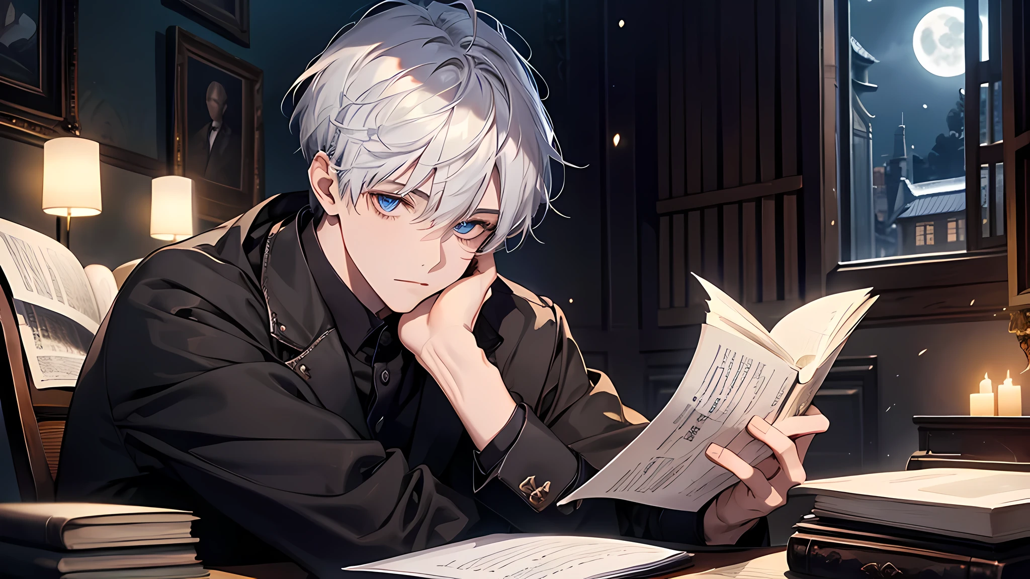 NIGHT、In a room with piles of documents illuminated by moonlight、There is young man sitting in a chair with short silver hair reading a book, perfect face, perfect eyes, detailed face