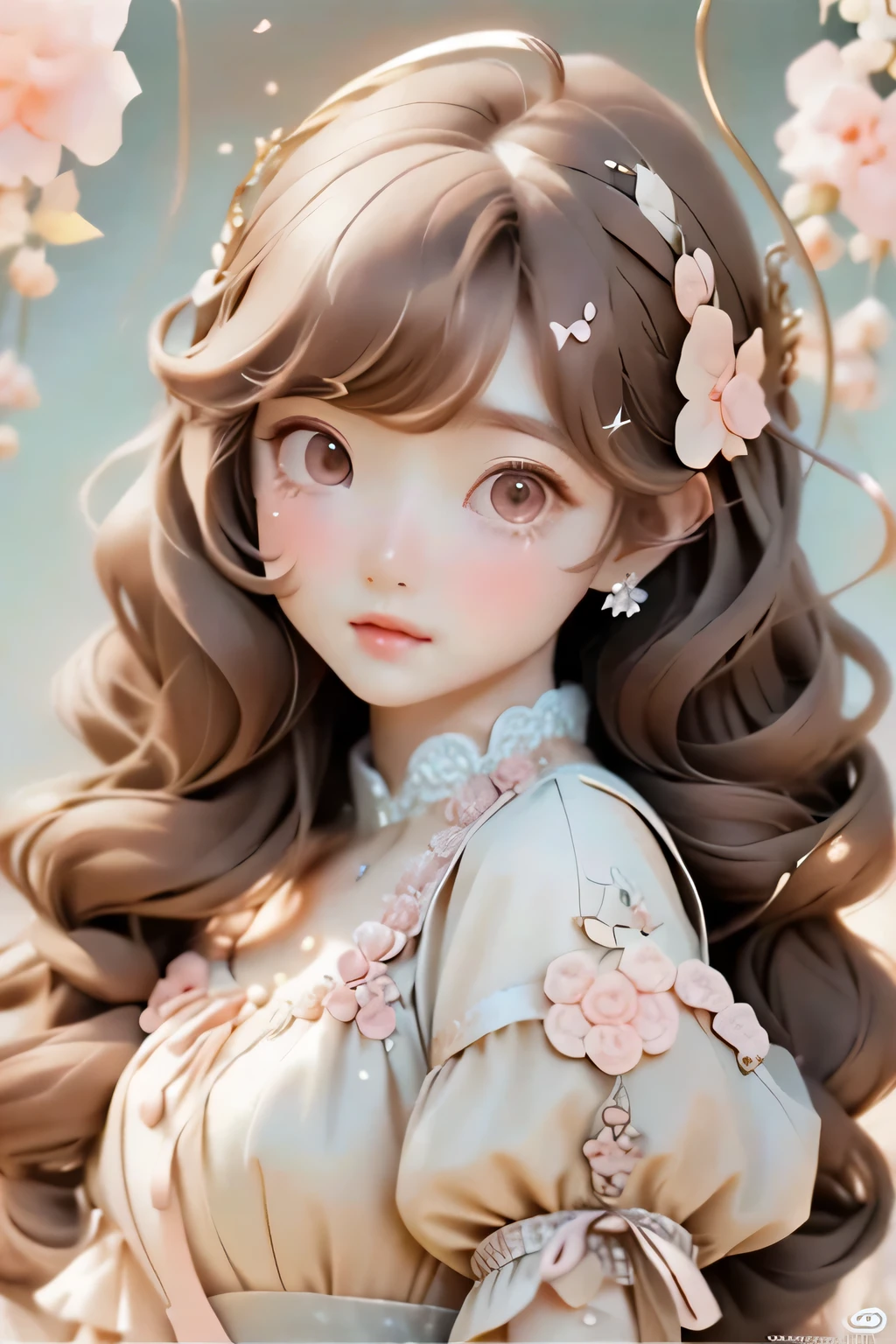 wavy brown hair girl,wearing a dress,,delicate face,lolita style,(masterpiece,highest quality),3D care,pastel tones,light,High resolutionの公式アートワーク,beautiful anime art, anime fantasy illustration、High resolution、3D,4D、luxury fabric、Hanfu Pink、white mint、long dress、Big eyes、 luxury fabric、super beautiful、