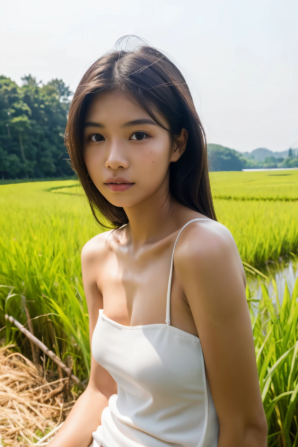 ((best quality)), ((masterpiece)), (detailed), Perfect face, Thai model, sun-tanned, sharp, posing in the middle of a rice field.