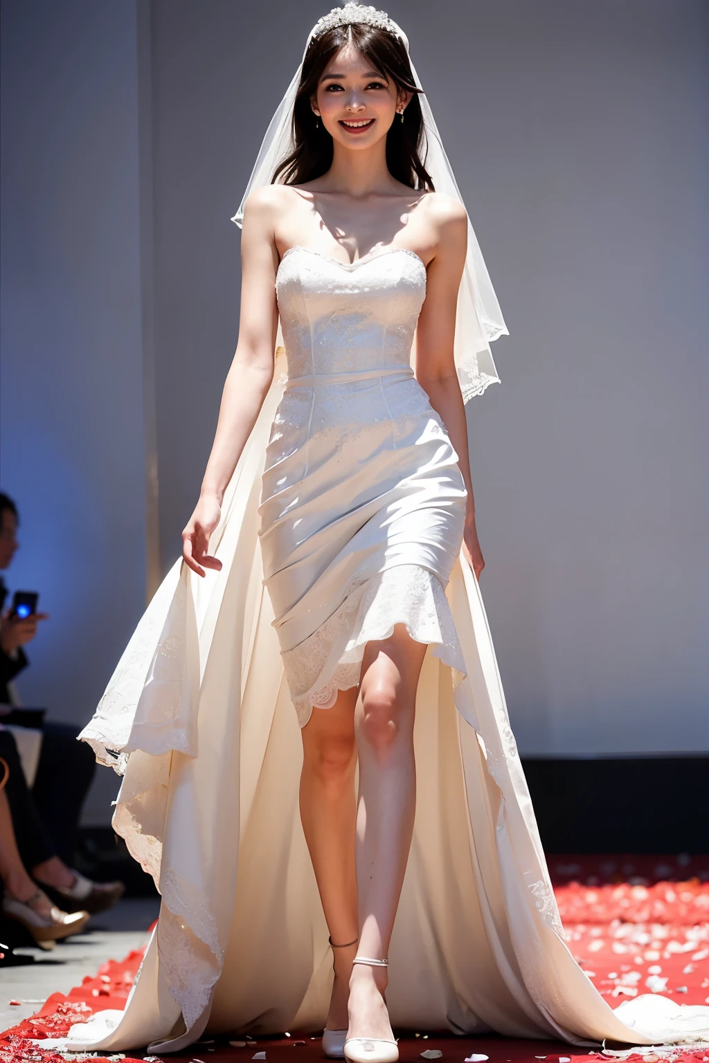 ((highest quality)), ((masterpiece)), (Detailed breasts), perfect face、(detailed five fingered hand)、(((walking the runway in a wedding dress))、full body shot、Smiling Beauty、long legs、slender body