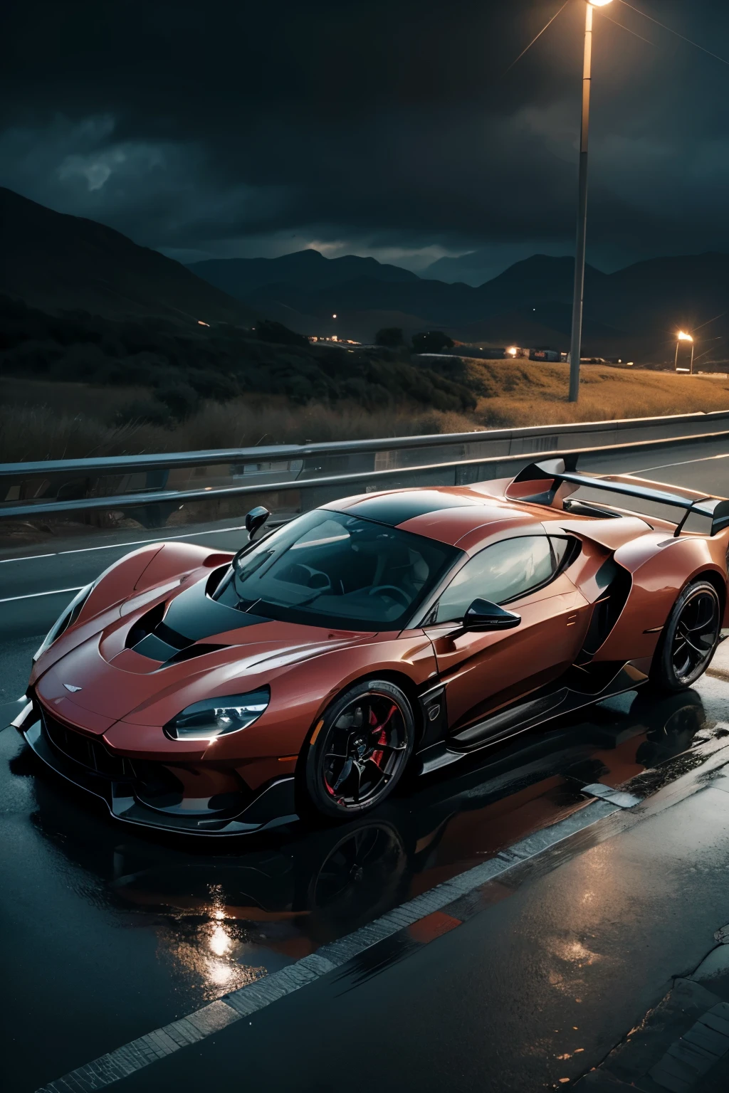 (Top Quality, 8k), Aston Martin Valkyrie in a Racetrack, Dramatic moody rainy weather, Cinematic lighting that accentuates the car's dark red hue, High-resolution images with ultra-realistic visuals, High-details rendering with intricate textures and patterns, Octane engine for hyper-realistic graphics, Ultra-high definition 8k image quality that showcases every raindrop and water droplet on the car's sleek surface, Vibrant and rich color palette that brings out the depth of the car and the atmosphere, Realistic and lifelike representation of the Aston Martin Valkyrie, R