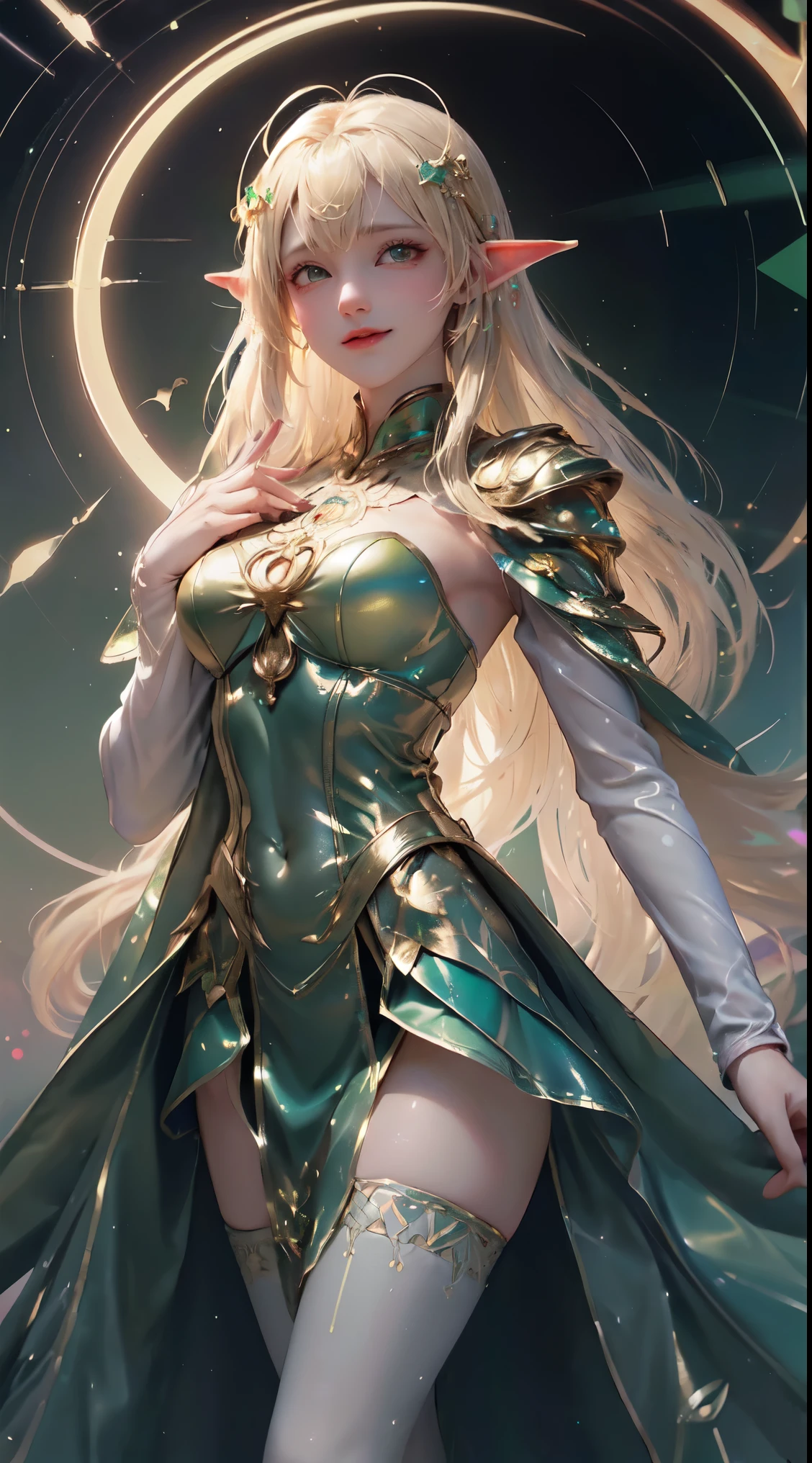 (((Masterpiece, highest quality, high definition, high detail)))), ((((Fantasy)))), one, (Elf woman)))), (short white skirt embroidered with gold), (Blonde long straight hair), (Fine dark green eyes)))), (Green cloak armor with gold embroidery)), Big, (Strong wind), (Cast spells)), (A lot of glowing grains are flying), ((( A vortex of light gathers in the hand))), (((Magic circle of light densely drawn with geometric patterns and magic letters in the background))), ((Many glowing green arrows are released)), forest, magic circle reflected in cloak