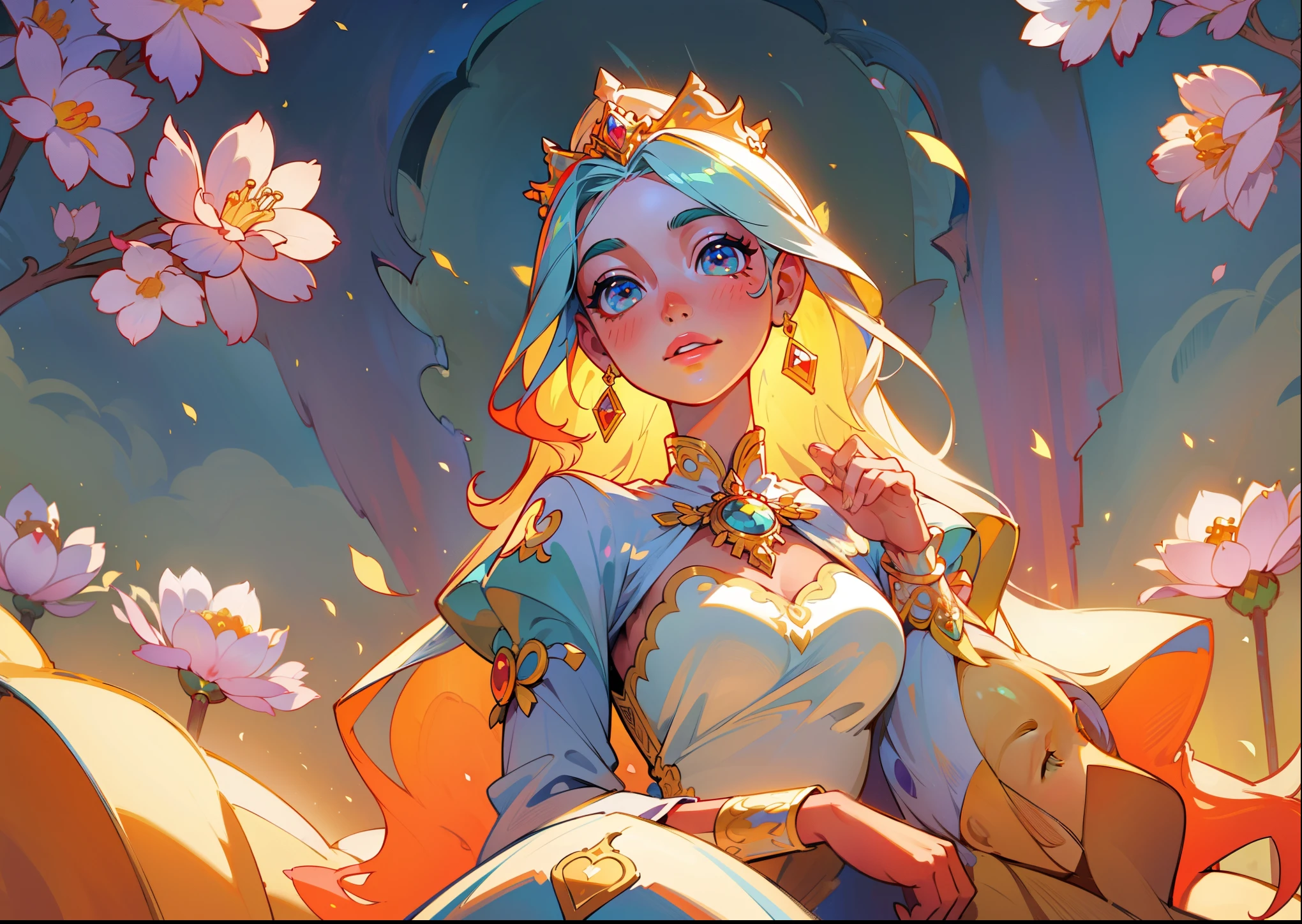 princess of the month of July,illustration,colorful,beautiful detailed eyes,beautiful detailed lips,vibrant flowers,crown,fine silk gown,summer garden,vivid colors,soft sunlight,best quality,ultra-detailed,photorealistic,summer breeze,delicate features,natural beauty,rosy cheeks,long flowing hair,graceful posture,enchanted expression,elegant tiara,sparkling jewelry,royal palace,exquisite details,celestial atmosphere,emotionally captivating,graceful demeanor,happy and radiant,delightful smile,lush greenery,fragrant blossoms,ethereal and majestic,warm and inviting,adorned with jewels,month of abundance,royal heritage,grander than dreams,depth of character,majestic aura,marvelous and regal,celebration of July,queen of the summer kingdom.