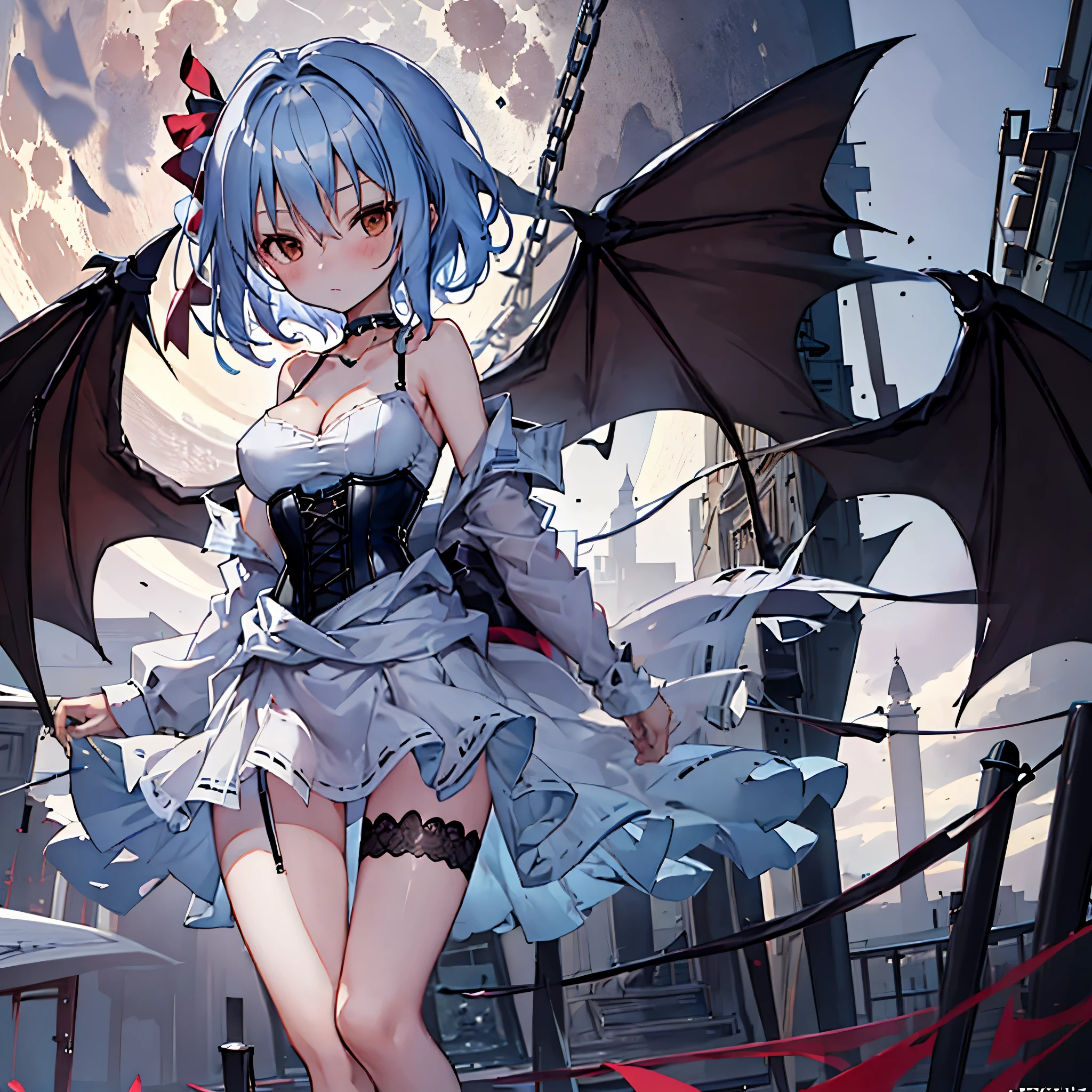 Remilia toho character, (solo:1.2), (standing on deck of mansion:1.1), a full moon, midnight, BREAK, short hair, collarbone, (very perky large breasts), (emphasize cleavage), (inconceivably thin waist:1.3), (very short thin torso:1.2), very long (thin legs), emphasize thigh gap, BREAK, (sheer white dress) with (plunging neckline:1.2), shoulder straps, (brown inconceivably wiry corset cinches waist too tight:1.5), frilled (too short white miniskirt), (light blue thighhighs), BREAK, nose blush, excessive pussy juice