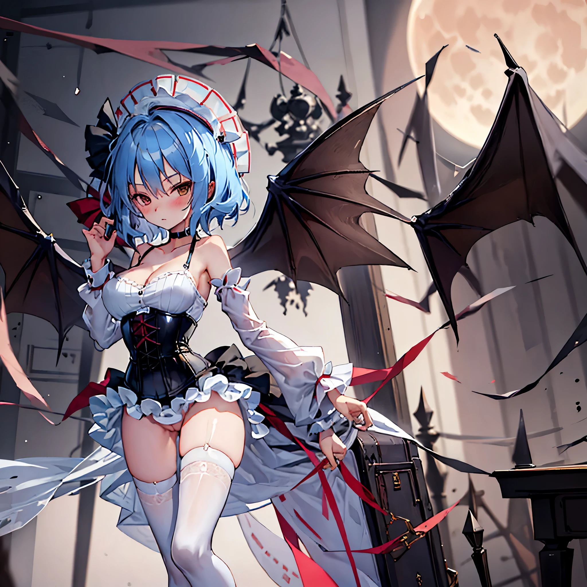 Remilia toho character, (solo:1.2), (standing on deck of mansion:1.1), a full moon, midnight, BREAK, short hair, collarbone, (very perky large breasts), (emphasize cleavage), (inconceivably thin waist:1.3), (very short thin torso:1.2), very long (thin legs), emphasize thigh gap, BREAK, (sheer white dress) with (plunging neckline:1.2), shoulder straps, (brown inconceivably wiry corset cinches waist too tight:1.5), frilled (too short white miniskirt), (light blue thighhighs), BREAK, nose blush, excessive pussy juice