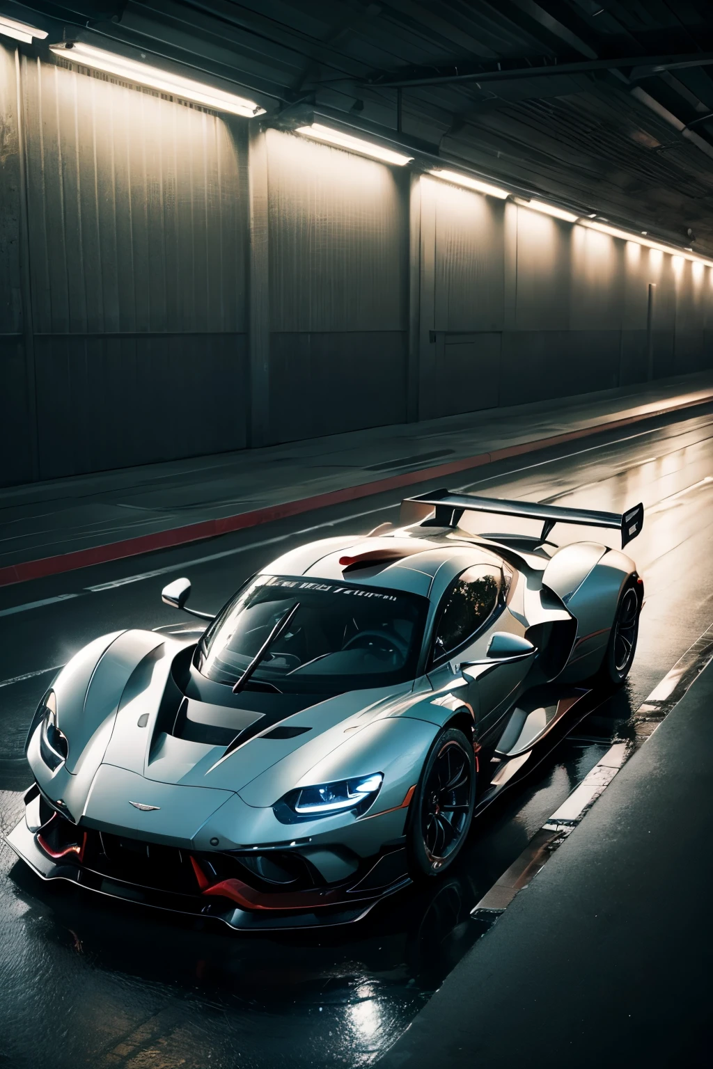 (Top Quality, 8k), Aston Martin Valkyrie in a Racetrack, Dramatic moody rainy weather, Cinematic lighting that accentuates the car's dark red hue, High-resolution images with ultra-realistic visuals, High-details rendering with intricate textures and patterns, Octane engine for hyper-realistic graphics, Ultra-high definition 8k image quality that showcases every raindrop and water droplet on the car's sleek surface, Vibrant and rich color palette that brings out the depth of the car and the atmosphere, Realistic and lifelike representation of the Aston Martin Valkyrie, R